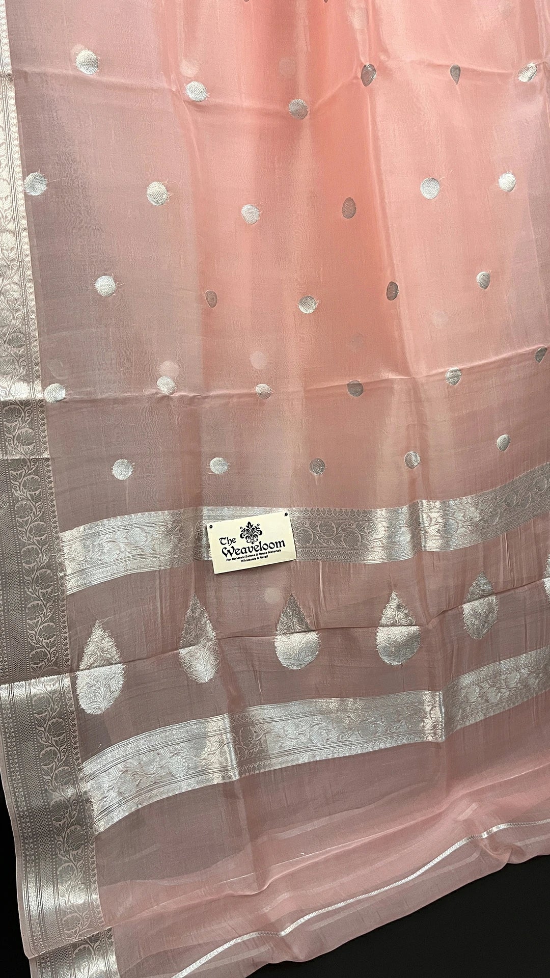 Peach Kora Silk Pure Handloom Banarasi Saree with Silver Zari Motifs and Striped Blouse by The Weaveloom