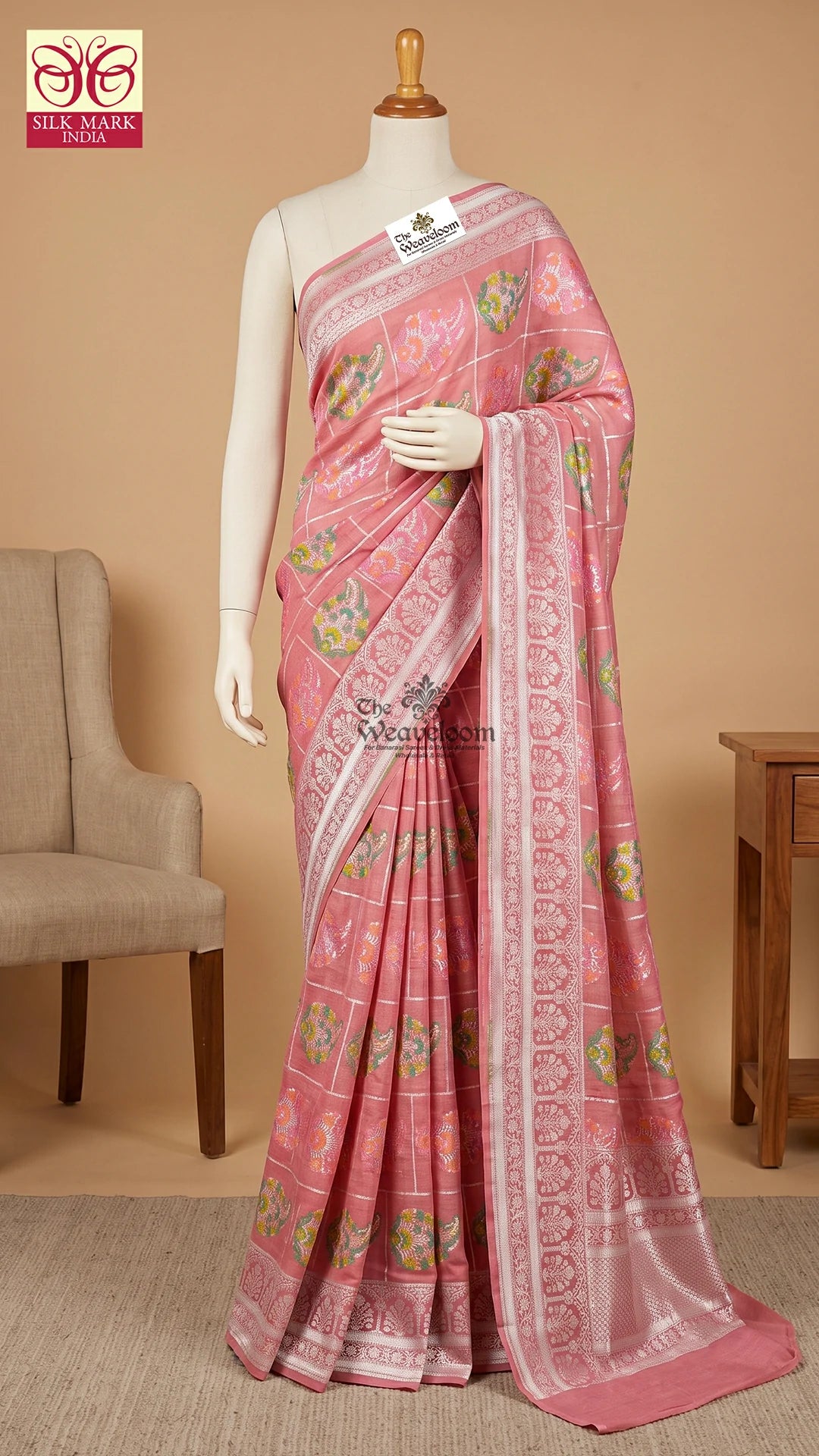 Peach Meenakari Paisley Tussar Georgette Pure Banarasi Saree by The Weaveloom