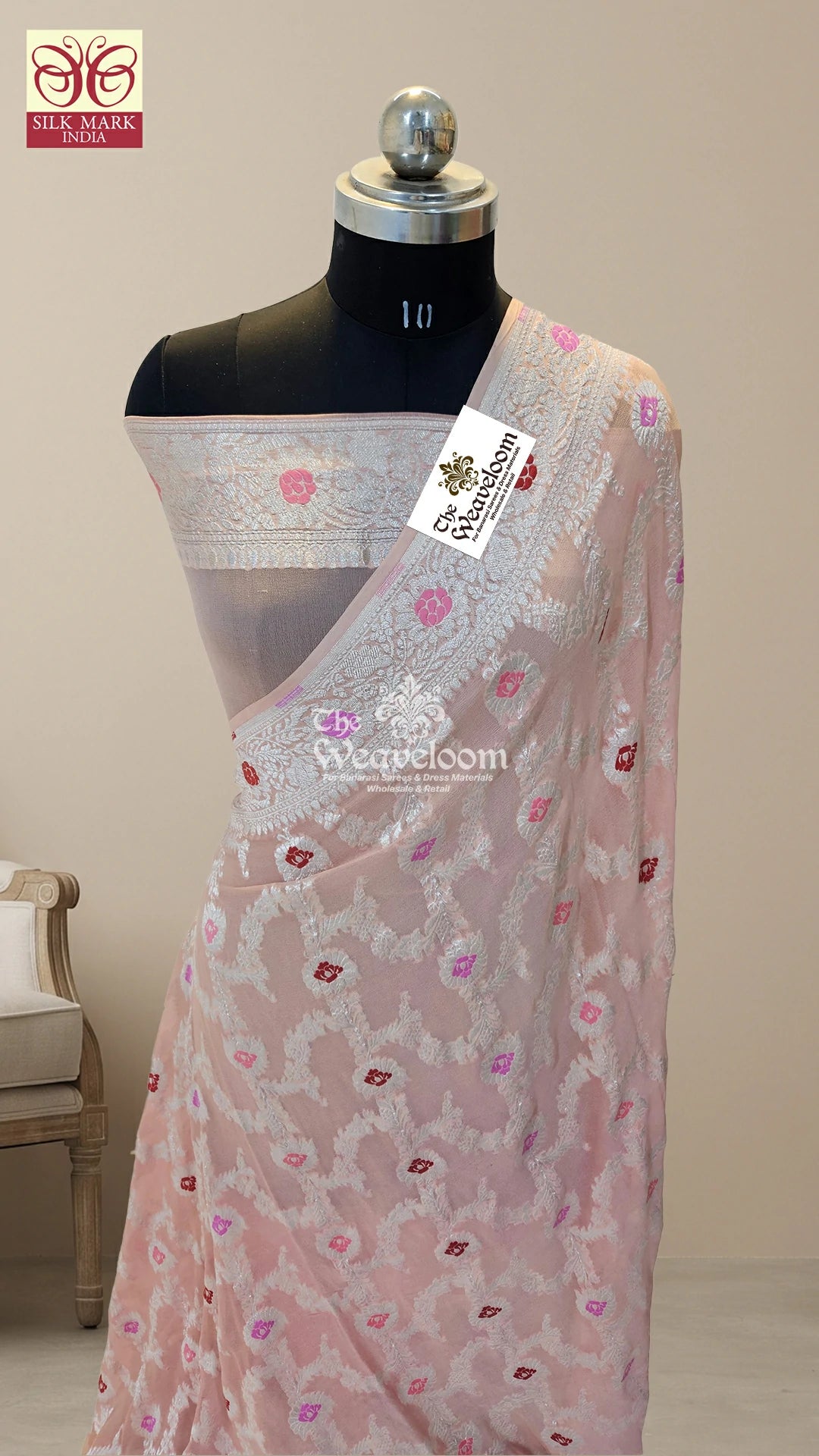 Peach Khaddi Georgette Pure Banarasi Saree with Meenakari Rose Jaal and Silver Zari by The Weaveloom