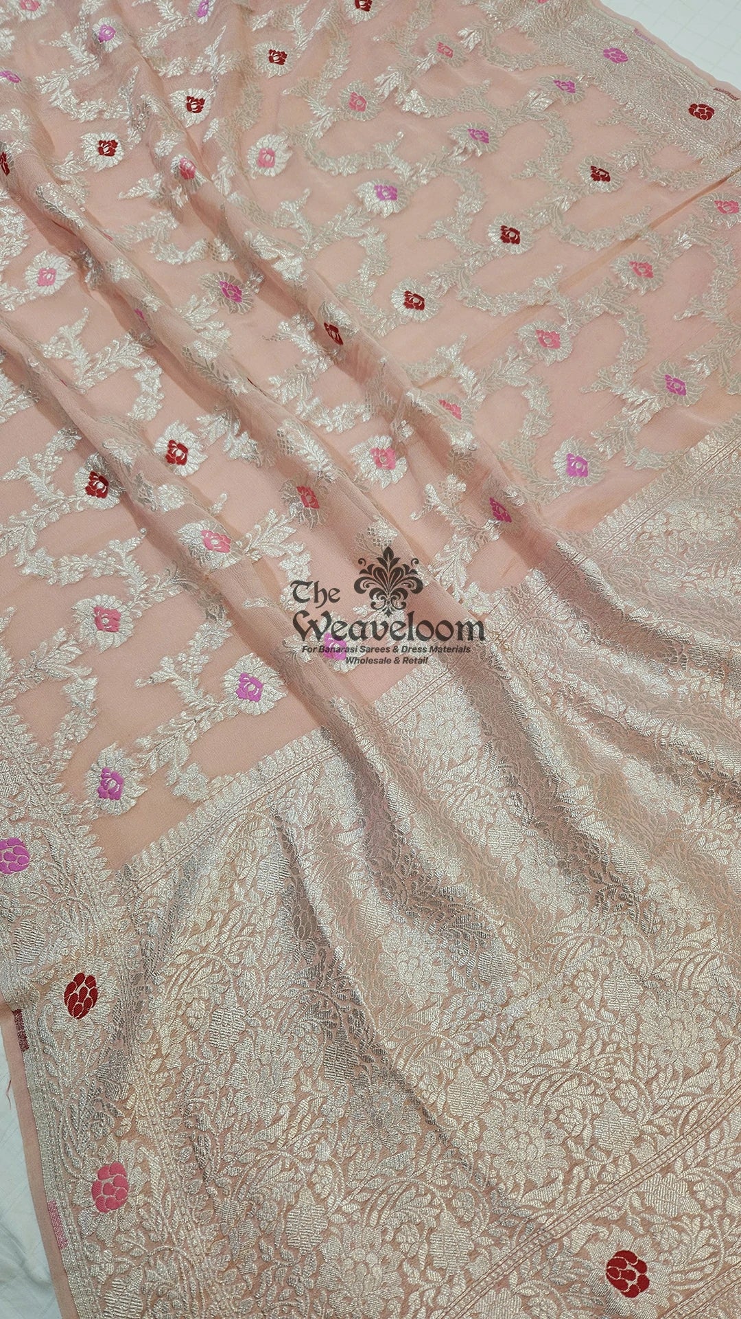 Peach Khaddi Georgette Pure Banarasi Saree with Meenakari Rose Jaal and Silver Zari by The Weaveloom