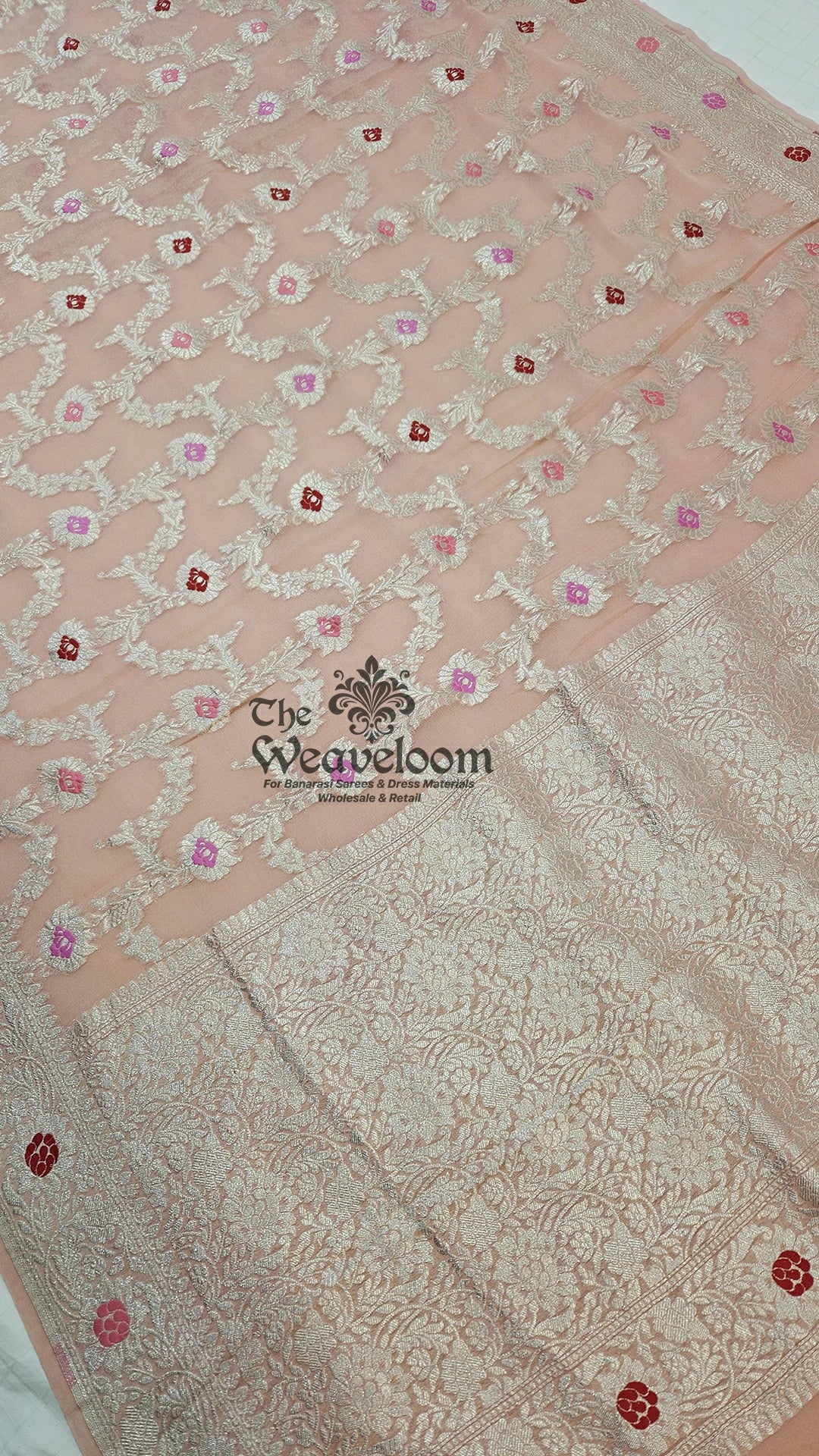 Peach Khaddi Georgette Pure Banarasi Saree with Meenakari Rose Jaal and Silver Zari by The Weaveloom