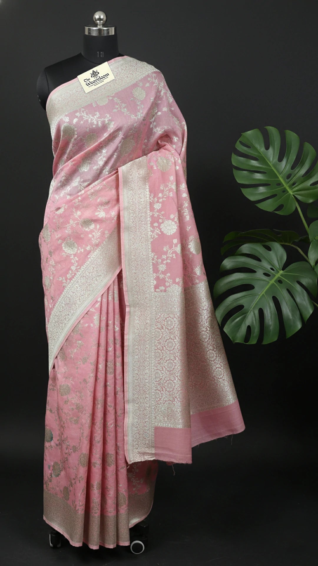 Peach Munga Silk Pure Banarasi Saree With Silver Floral Jaal Work by The Weaveloom