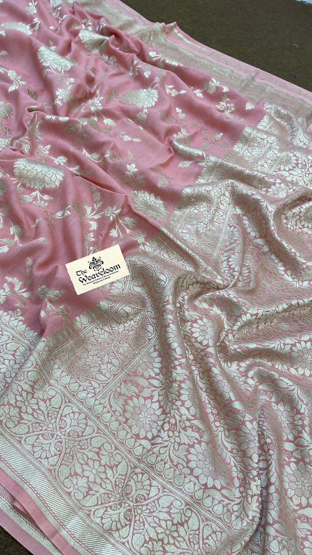 Peach Munga Silk Pure Banarasi Saree With Silver Floral Jaal Work by The Weaveloom