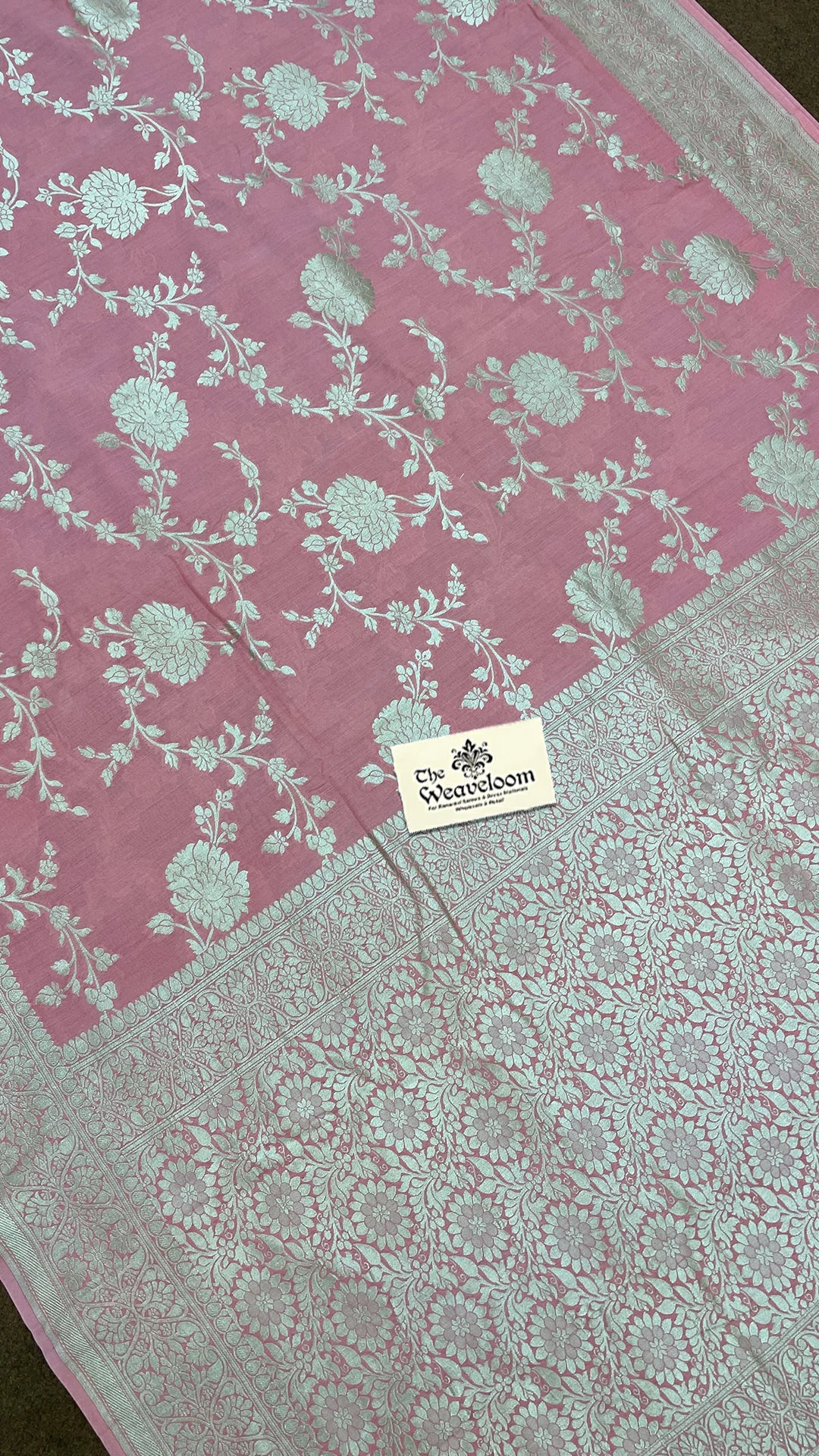 Peach Munga Silk Pure Banarasi Saree With Silver Floral Jaal Work by The Weaveloom