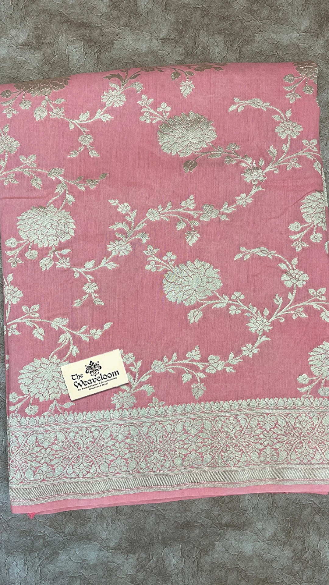 Peach Munga Silk Pure Banarasi Saree With Silver Floral Jaal Work by The Weaveloom