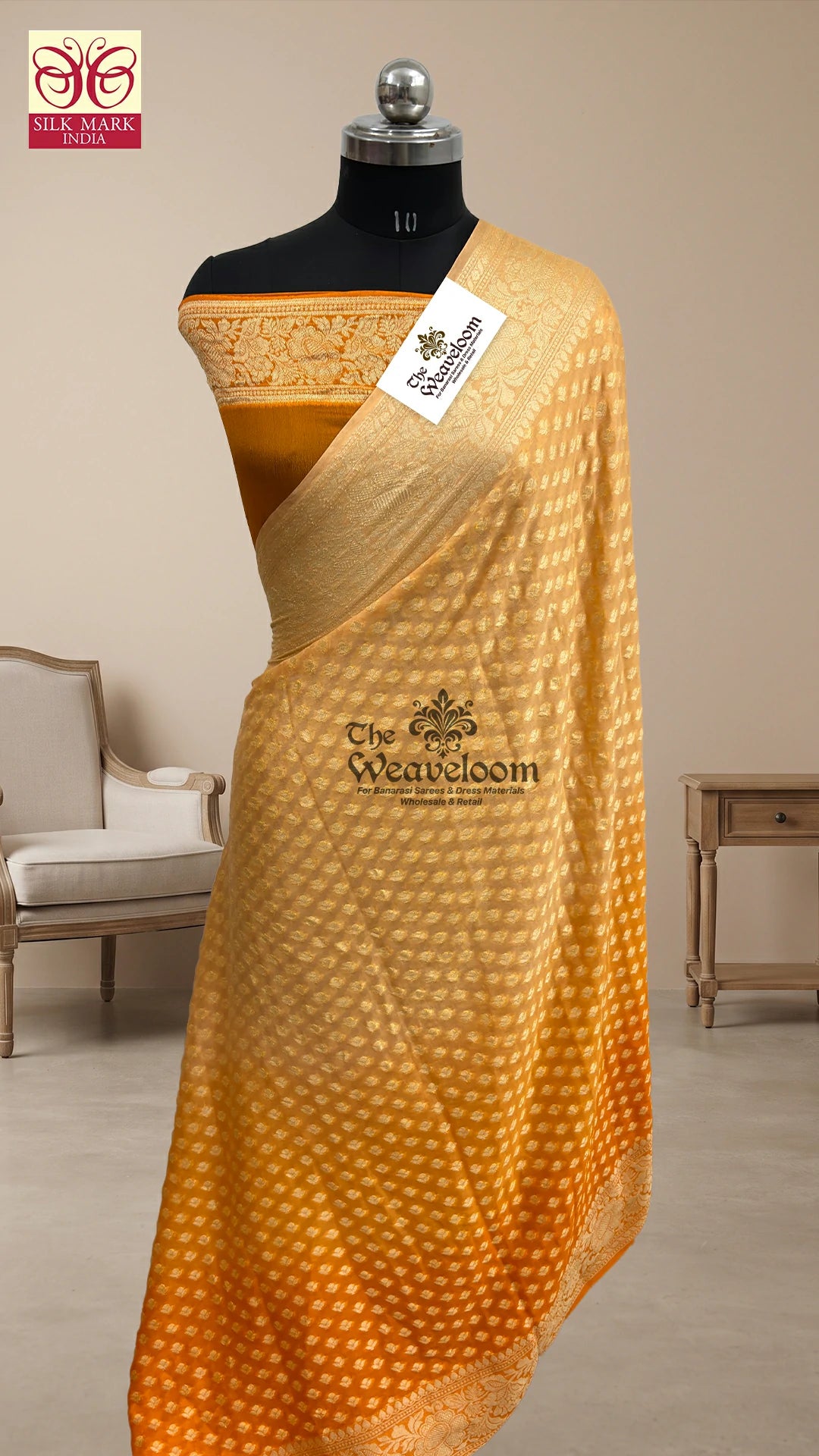 Peach ombre dye floral buti crepe georgette pure Banarasi saree by The Weaveloom