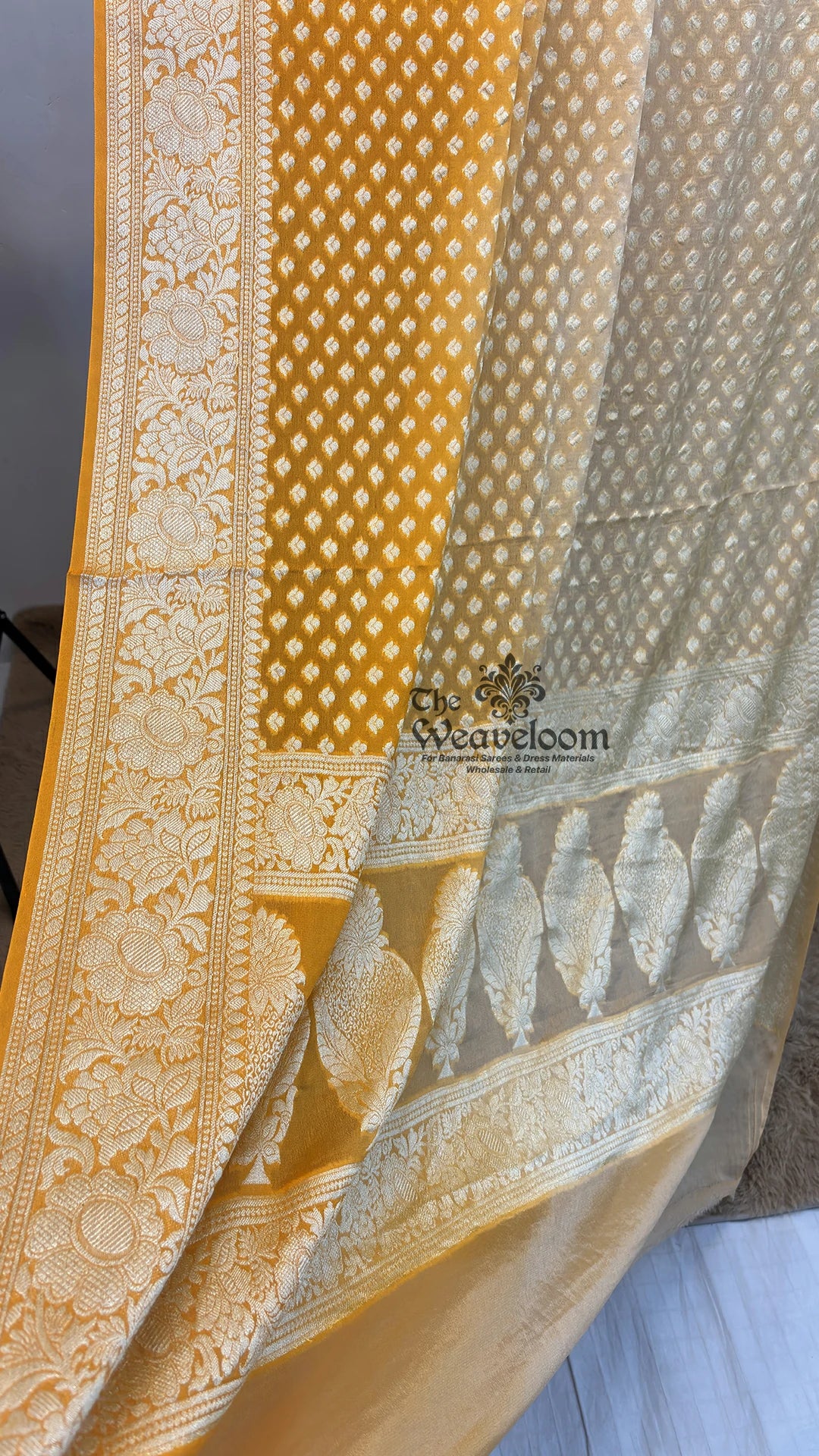 Peach ombre dye floral buti crepe georgette pure Banarasi saree by The Weaveloom