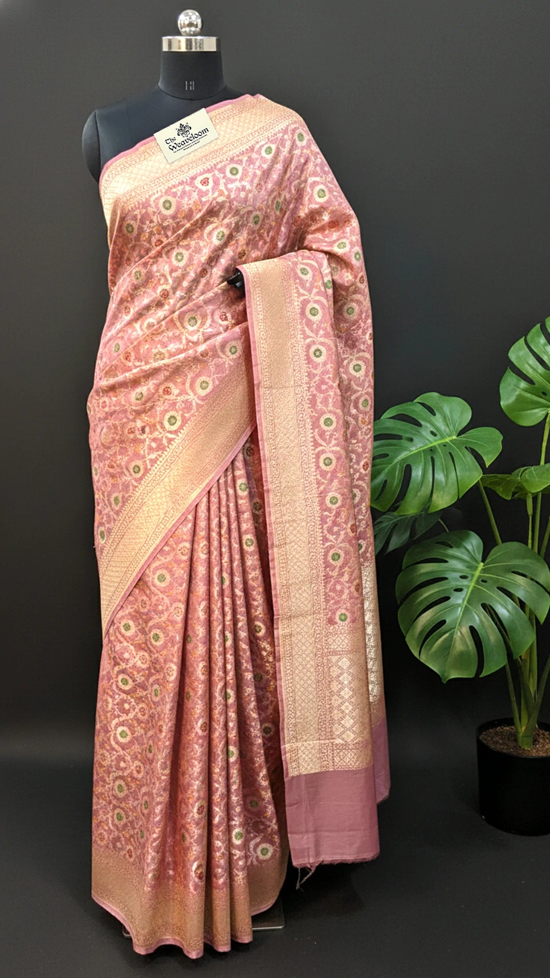 Peach Pure Katan Silk Meenakari Banarasi Saree with All-Over Jaal Work by The Weaveloom