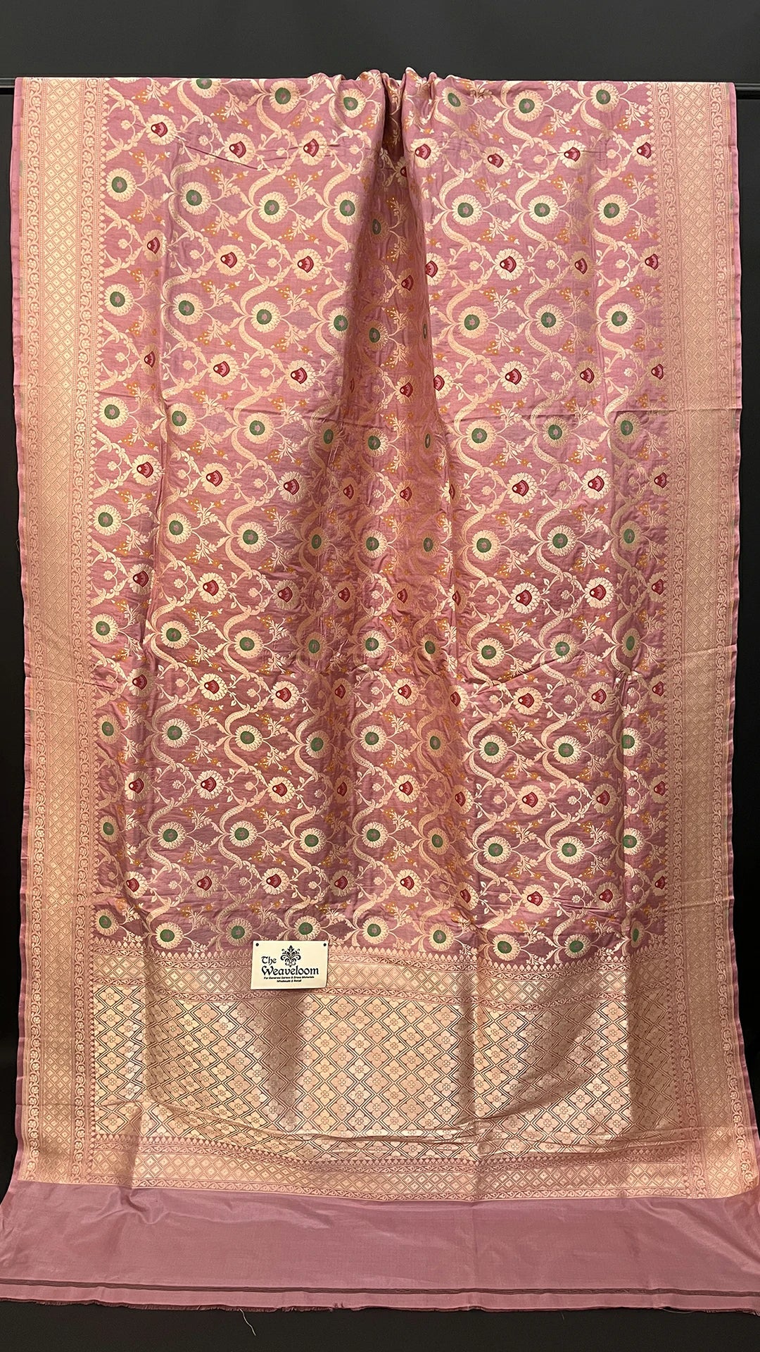 Peach Pure Katan Silk Meenakari Banarasi Saree with All-Over Jaal Work by The Weaveloom