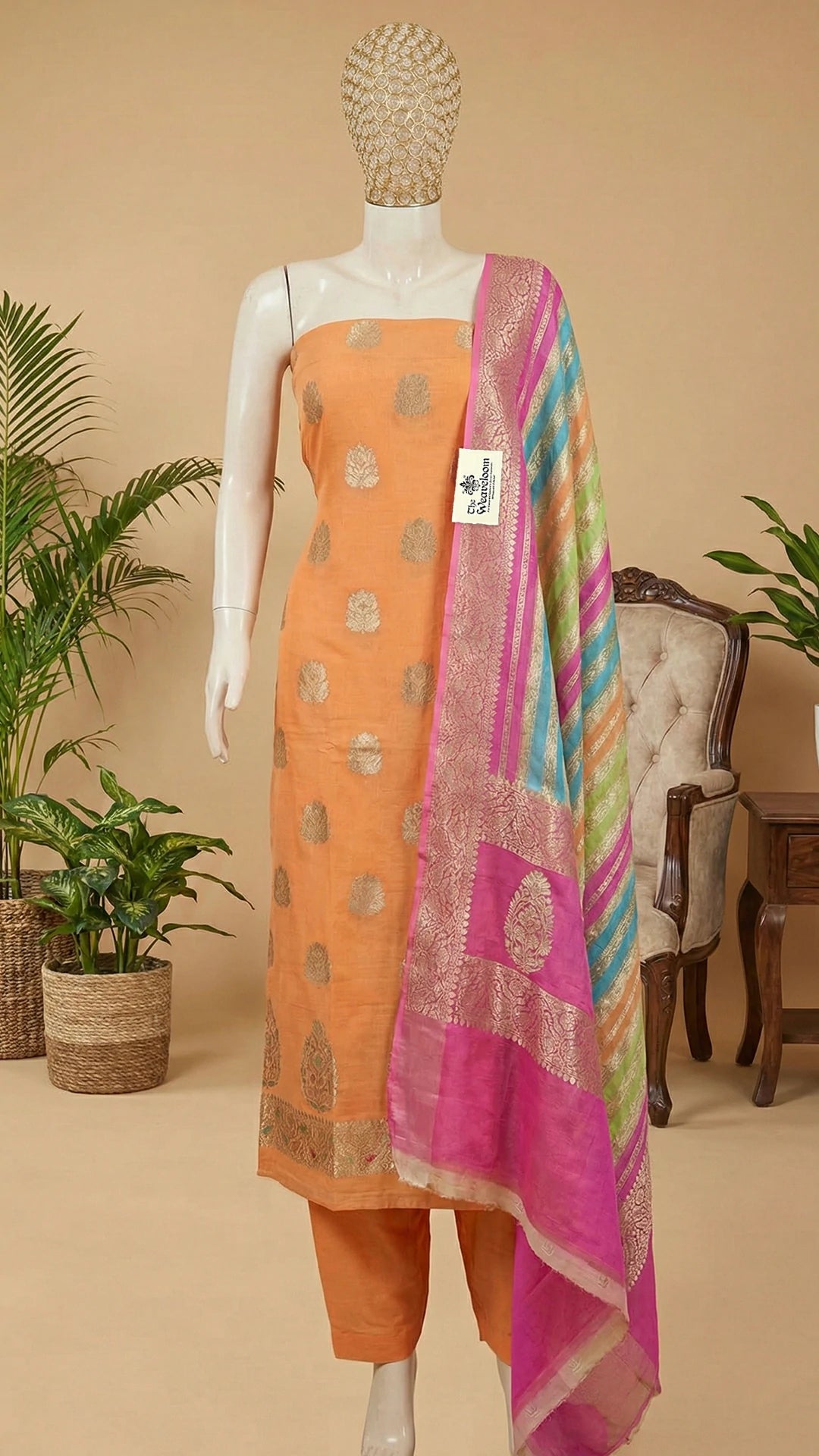 Peach Pure Khaddi Georgette Banarasi Dress Material with Multicolor Dupatta by The Weaveloom