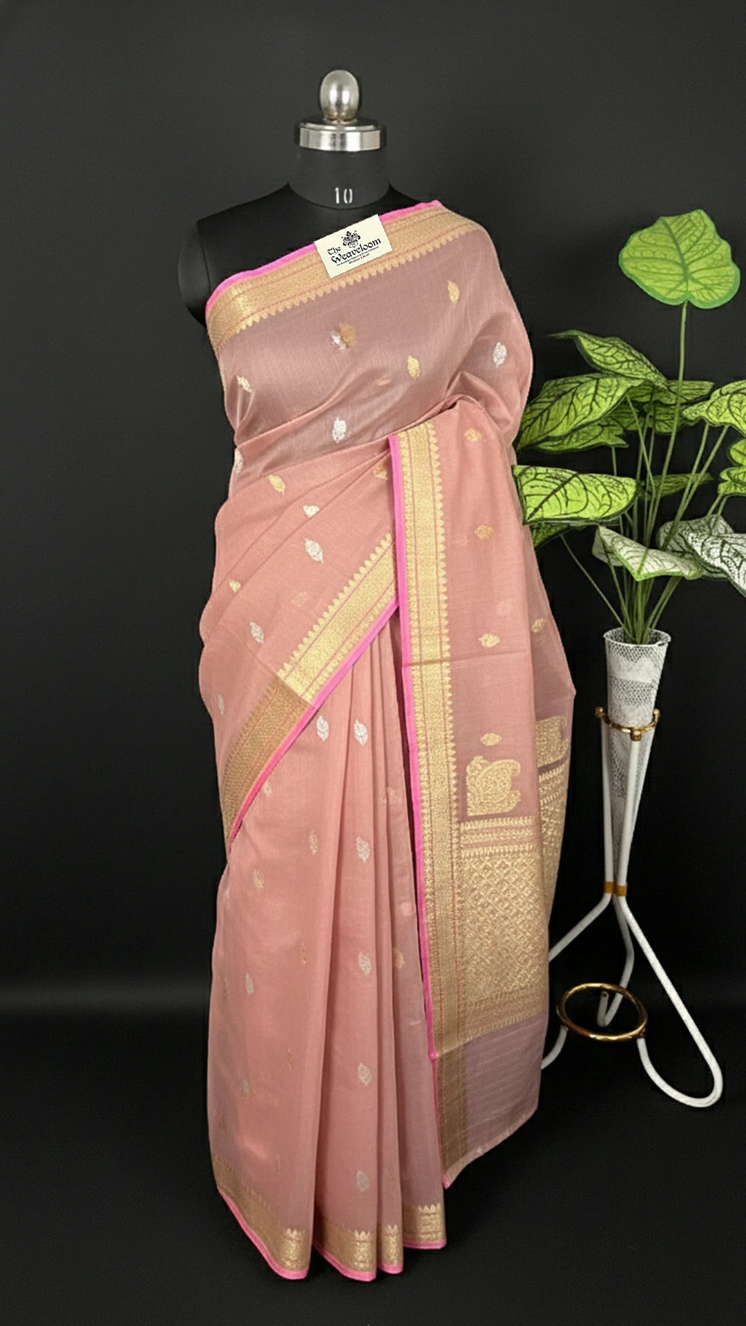 Peach Pure Kora Cotton Handloom Banarasi Saree with Gold Zari Booti and Rich Border by The Weaveloom