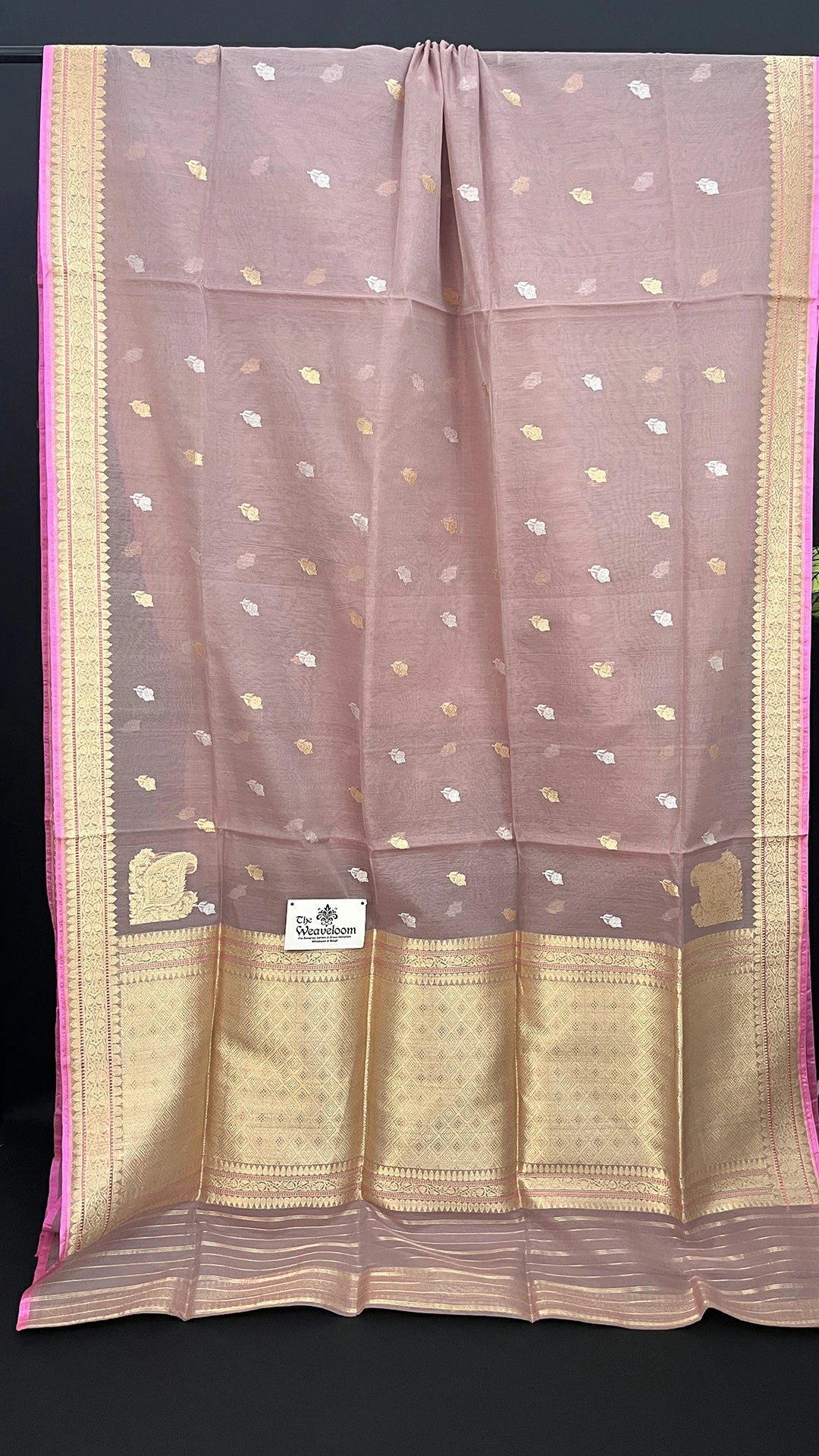 Peach Pure Kora Cotton Handloom Banarasi Saree with Gold Zari Booti and Rich Border by The Weaveloom