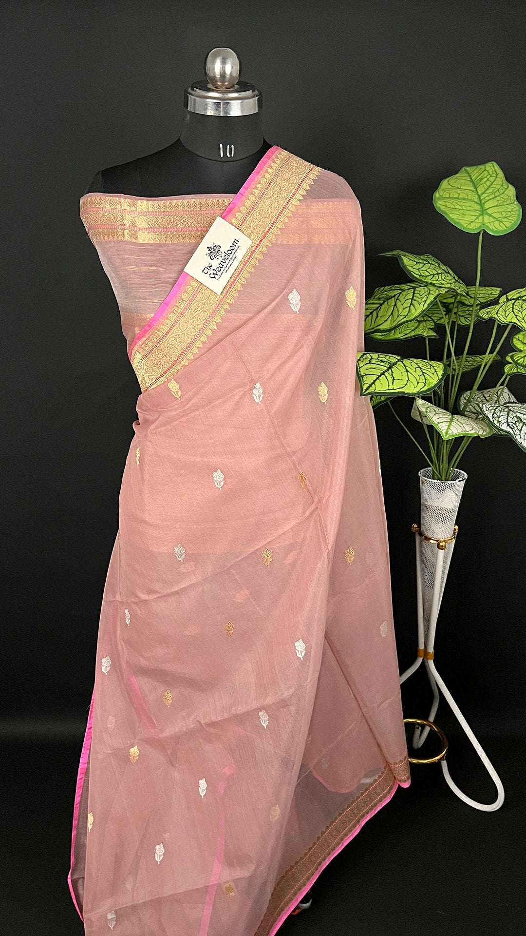 Peach Pure Kora Cotton Handloom Banarasi Saree with Gold Zari Booti and Rich Border by The Weaveloom