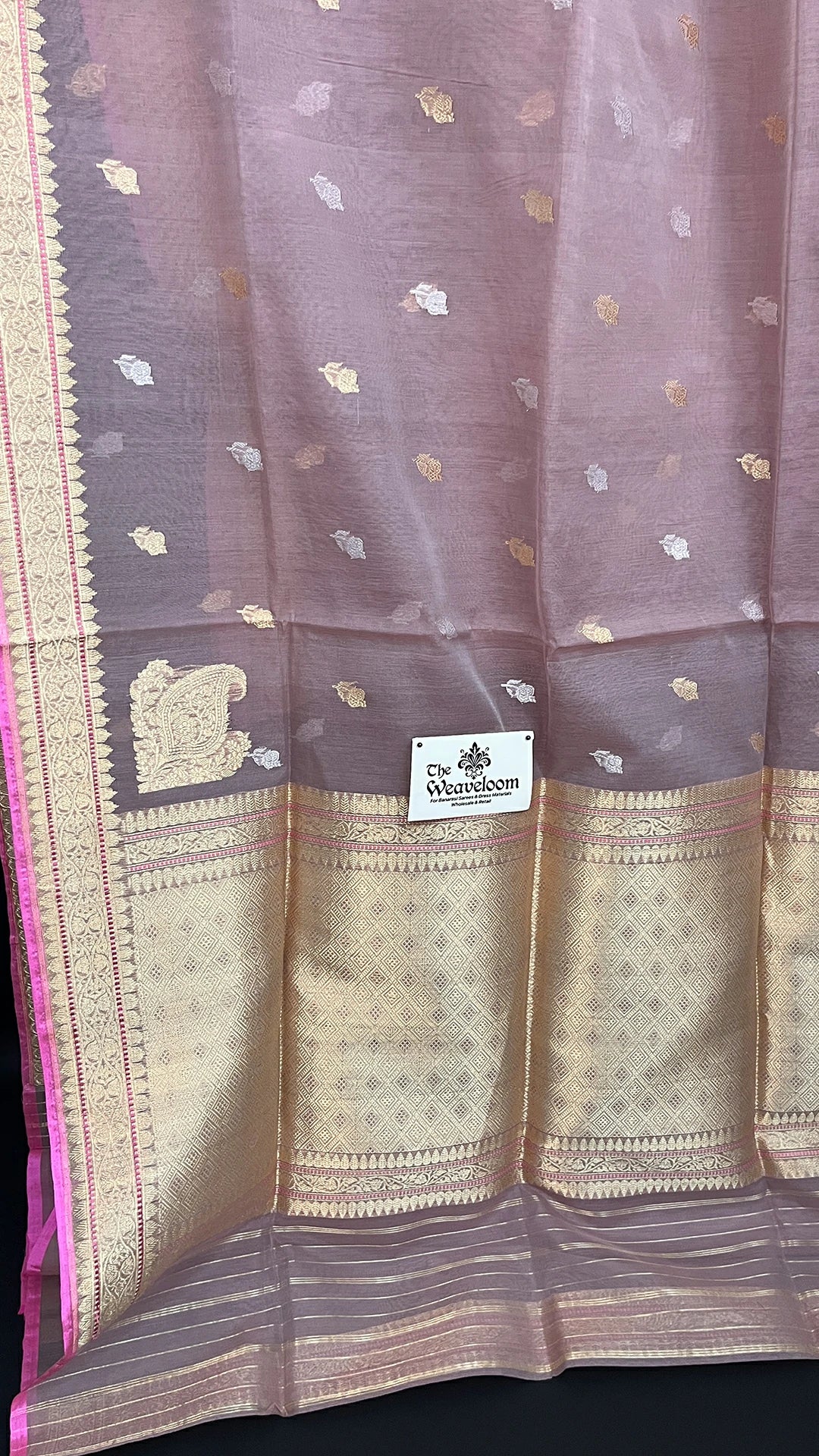 Peach Pure Kora Cotton Handloom Banarasi Saree with Gold Zari Booti and Rich Border by The Weaveloom