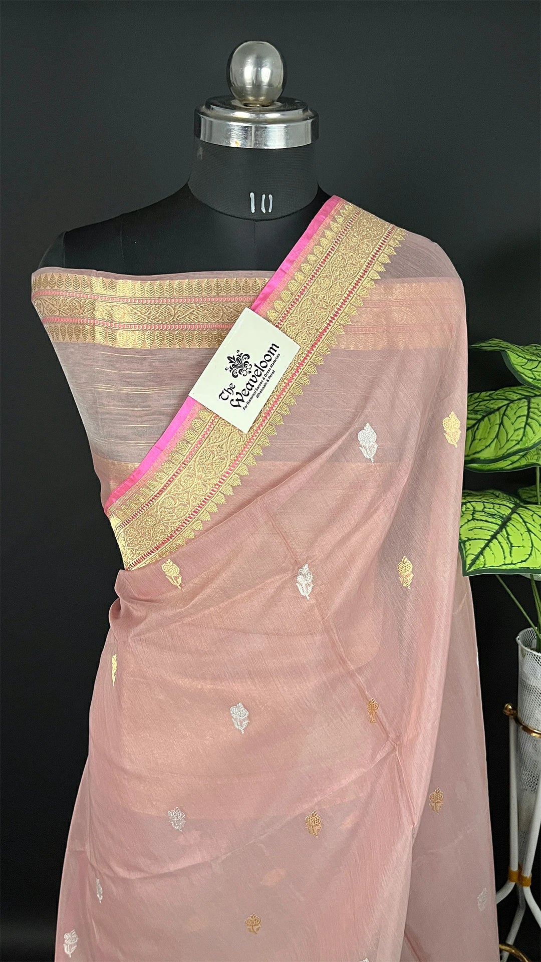 Peach Pure Kora Cotton Handloom Banarasi Saree with Gold Zari Booti and Rich Border by The Weaveloom