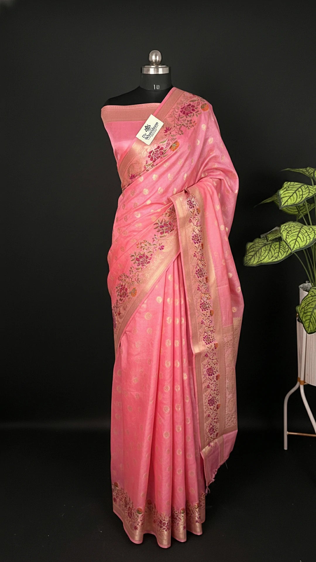 Peach Pure Tussar Silk Banarasi Saree with Meenakari Floral Border & Paisley Pallu - The Weaveloom