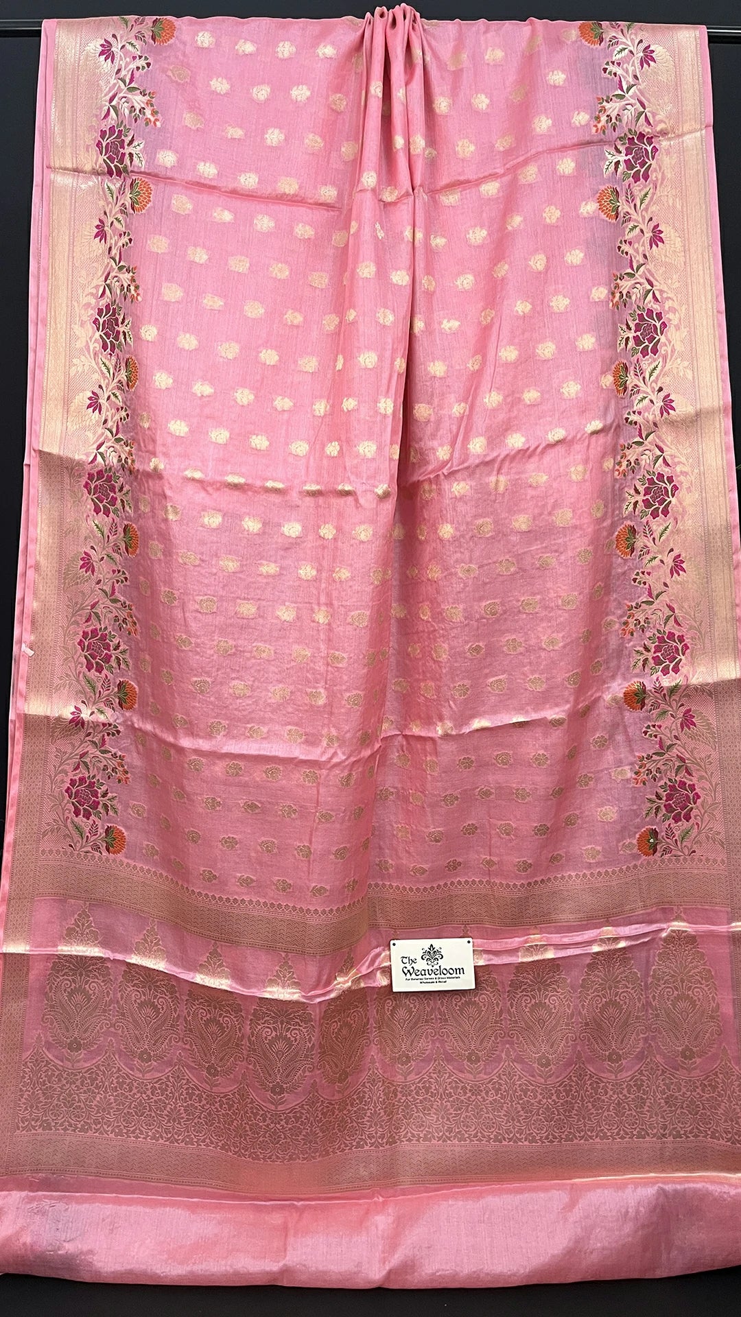 Peach Pure Tussar Silk Banarasi Saree with Meenakari Floral Border & Paisley Pallu - The Weaveloom