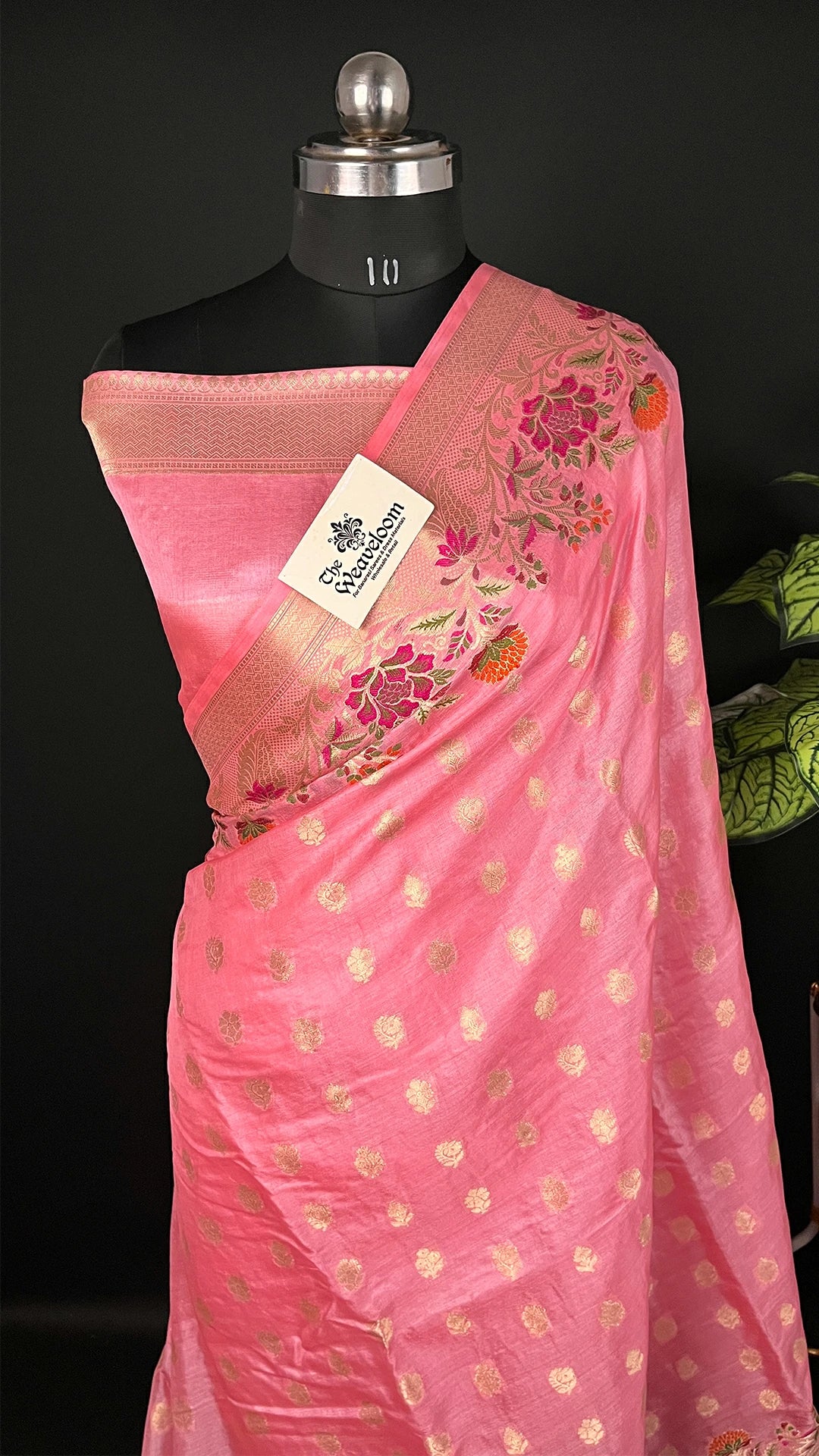 Peach Pure Tussar Silk Banarasi Saree with Meenakari Floral Border & Paisley Pallu - The Weaveloom