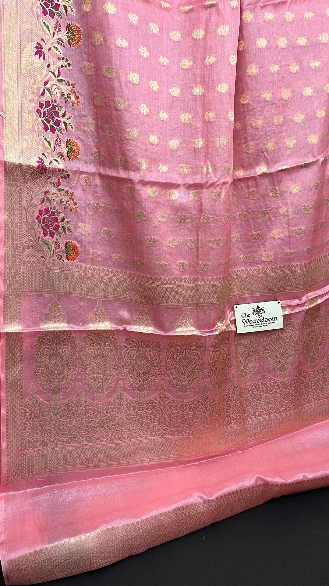 Peach Pure Tussar Silk Banarasi Saree with Meenakari Floral Border & Paisley Pallu - The Weaveloom