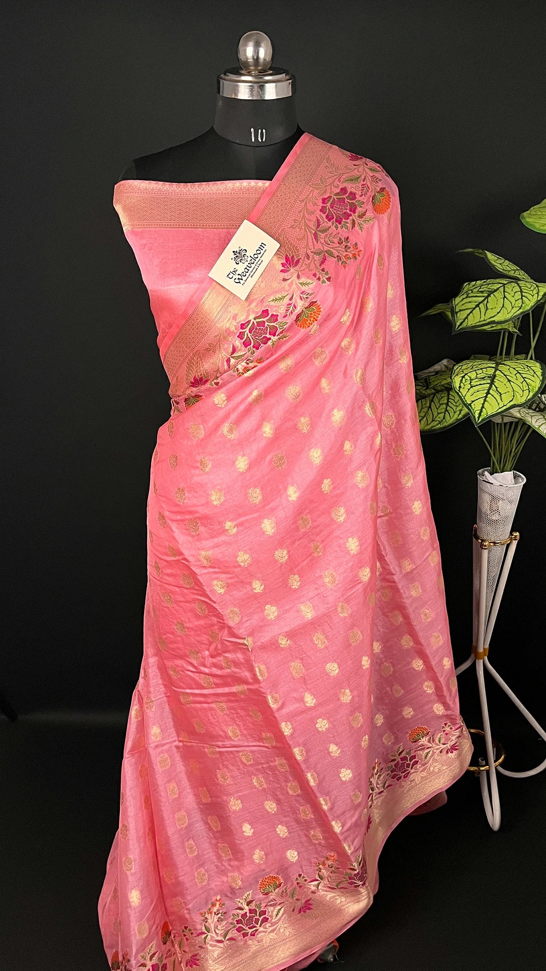Peach Pure Tussar Silk Banarasi Saree with Meenakari Floral Border & Paisley Pallu - The Weaveloom