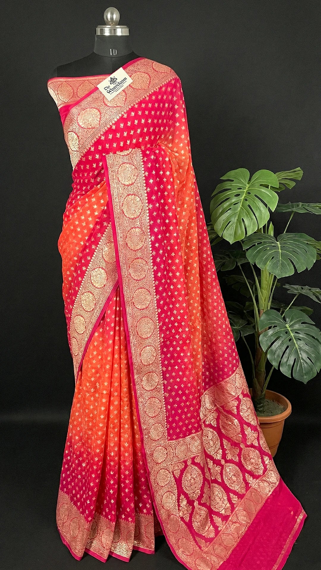 Peach & Strawberry Dual Tone Pure Crepe Georgette Banarasi Saree with Golden Zari Butta by The Weaveloom