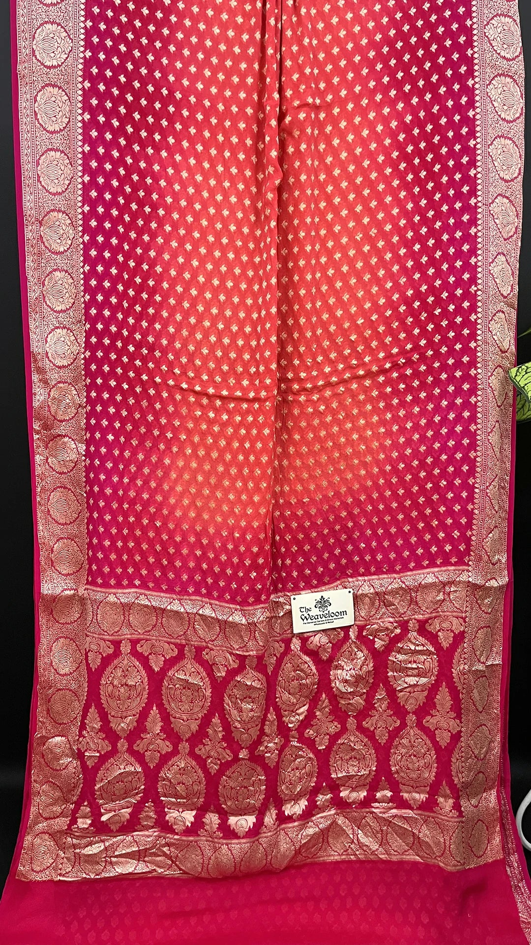 Peach & Strawberry Dual Tone Pure Crepe Georgette Banarasi Saree with Golden Zari Butta by The Weaveloom