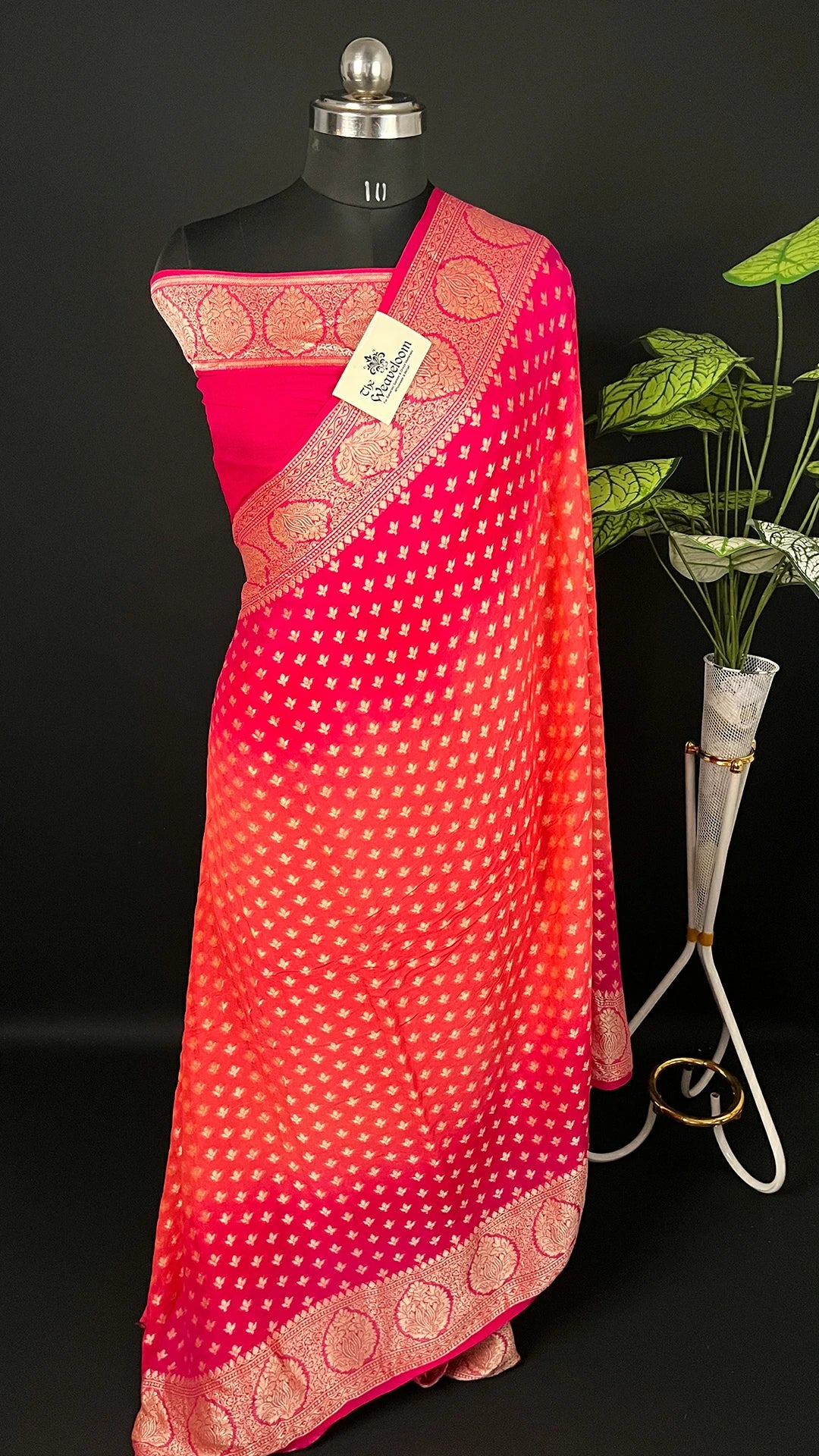 Peach & Strawberry Dual Tone Pure Crepe Georgette Banarasi Saree with Golden Zari Butta by The Weaveloom