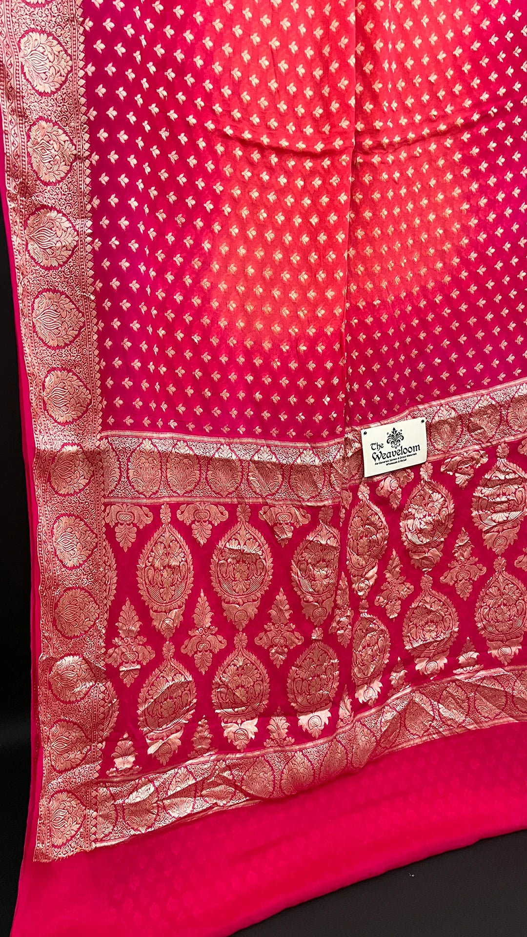 Peach & Strawberry Dual Tone Pure Crepe Georgette Banarasi Saree with Golden Zari Butta by The Weaveloom