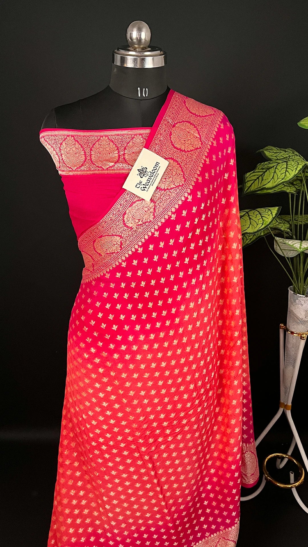 Peach & Strawberry Dual Tone Pure Crepe Georgette Banarasi Saree with Golden Zari Butta by The Weaveloom