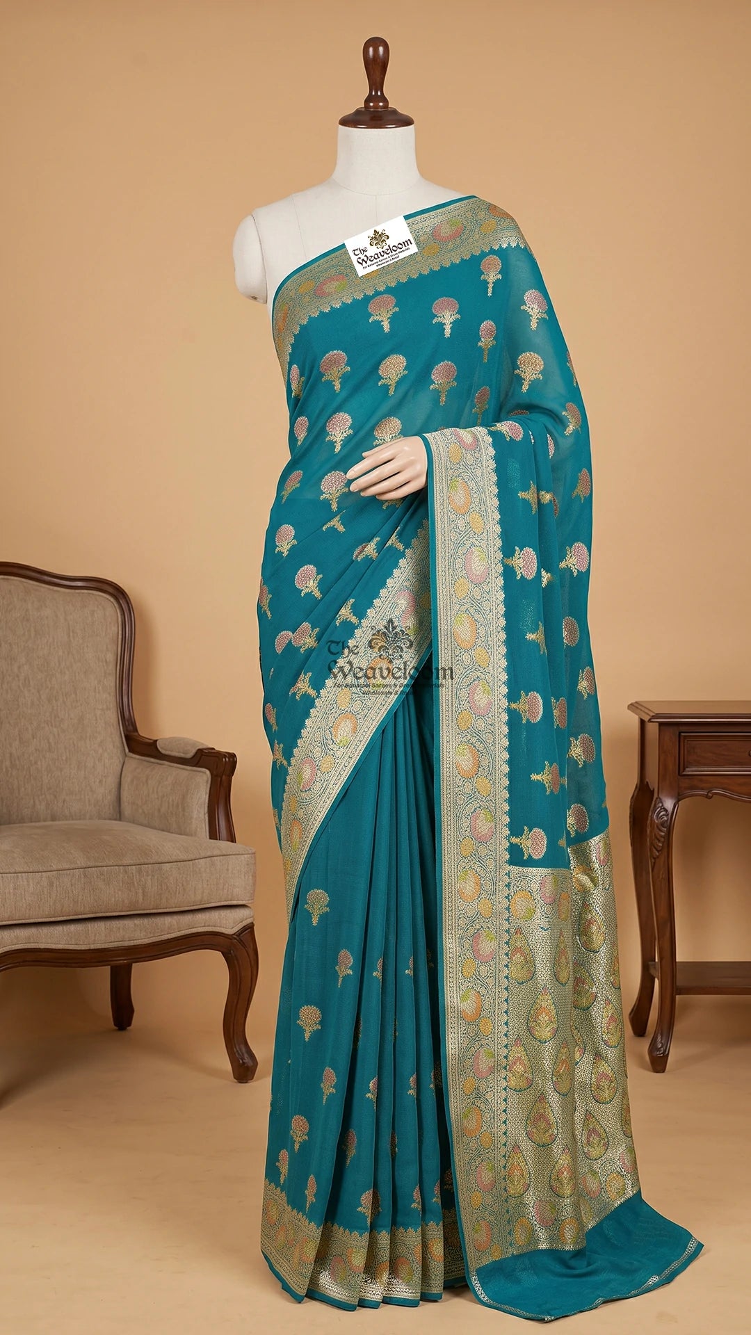 Peacock Blue Booti Work Pure Crepe Georgette Banarasi Saree by The Weaveloom