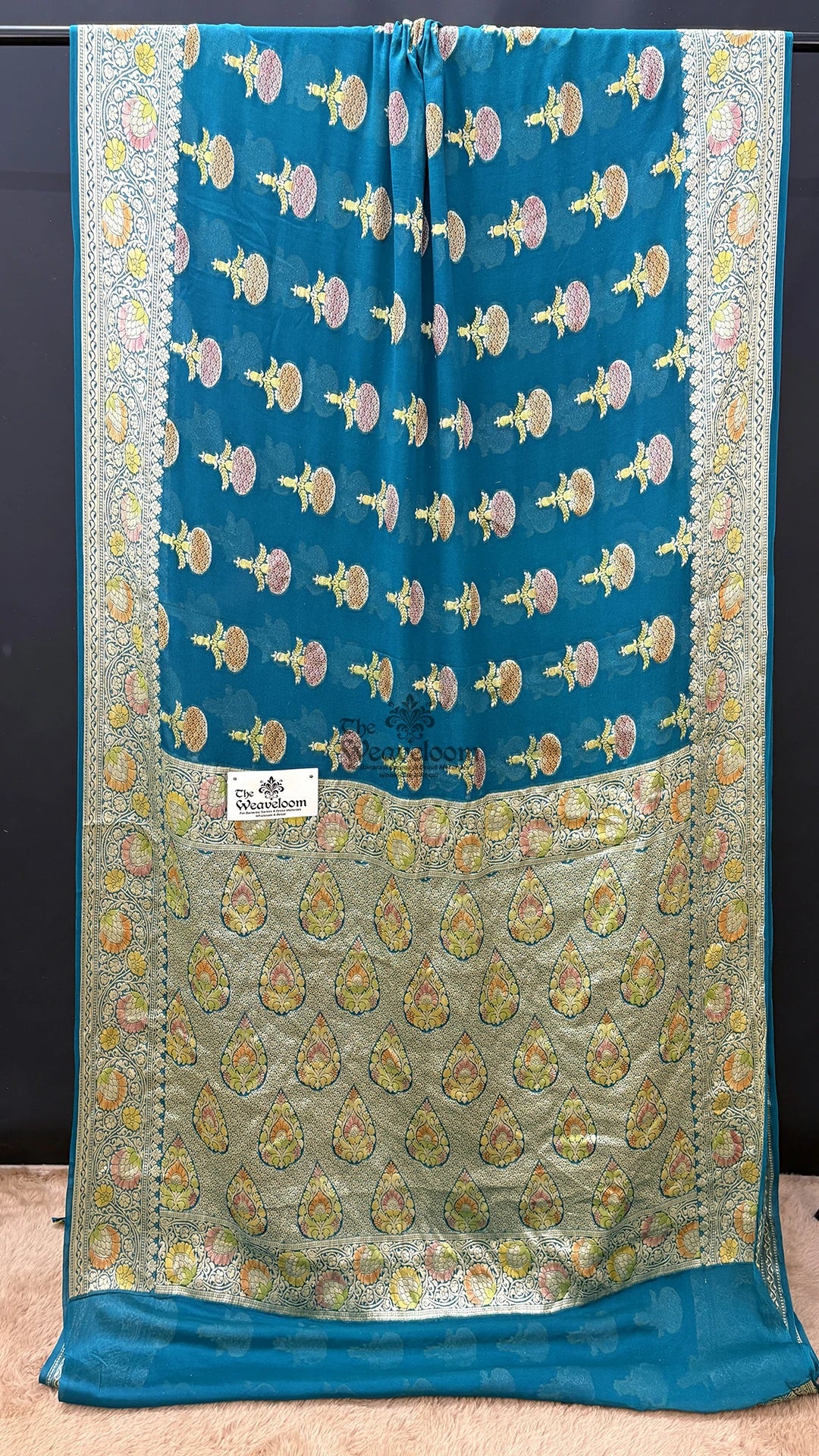 Peacock Blue Booti Work Pure Crepe Georgette Banarasi Saree by The Weaveloom