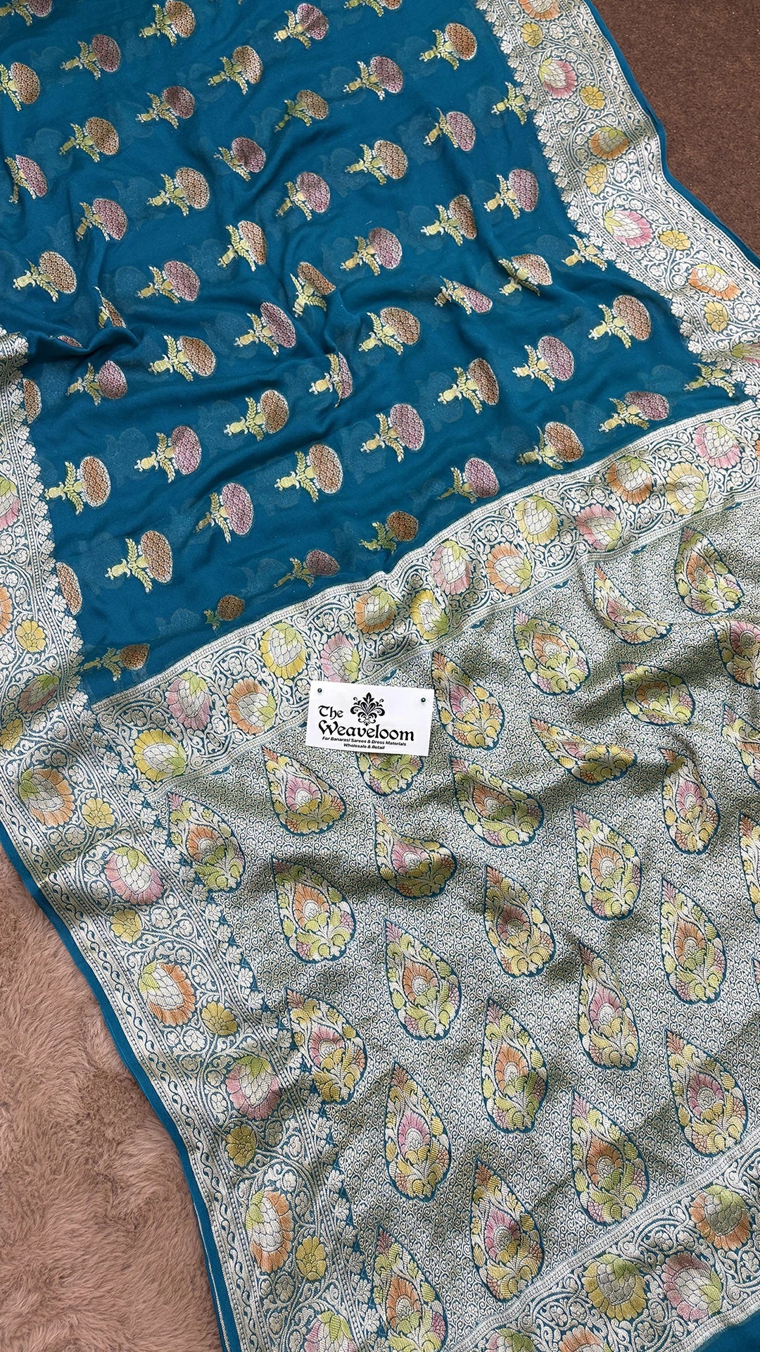 Peacock Blue Booti Work Pure Crepe Georgette Banarasi Saree by The Weaveloom