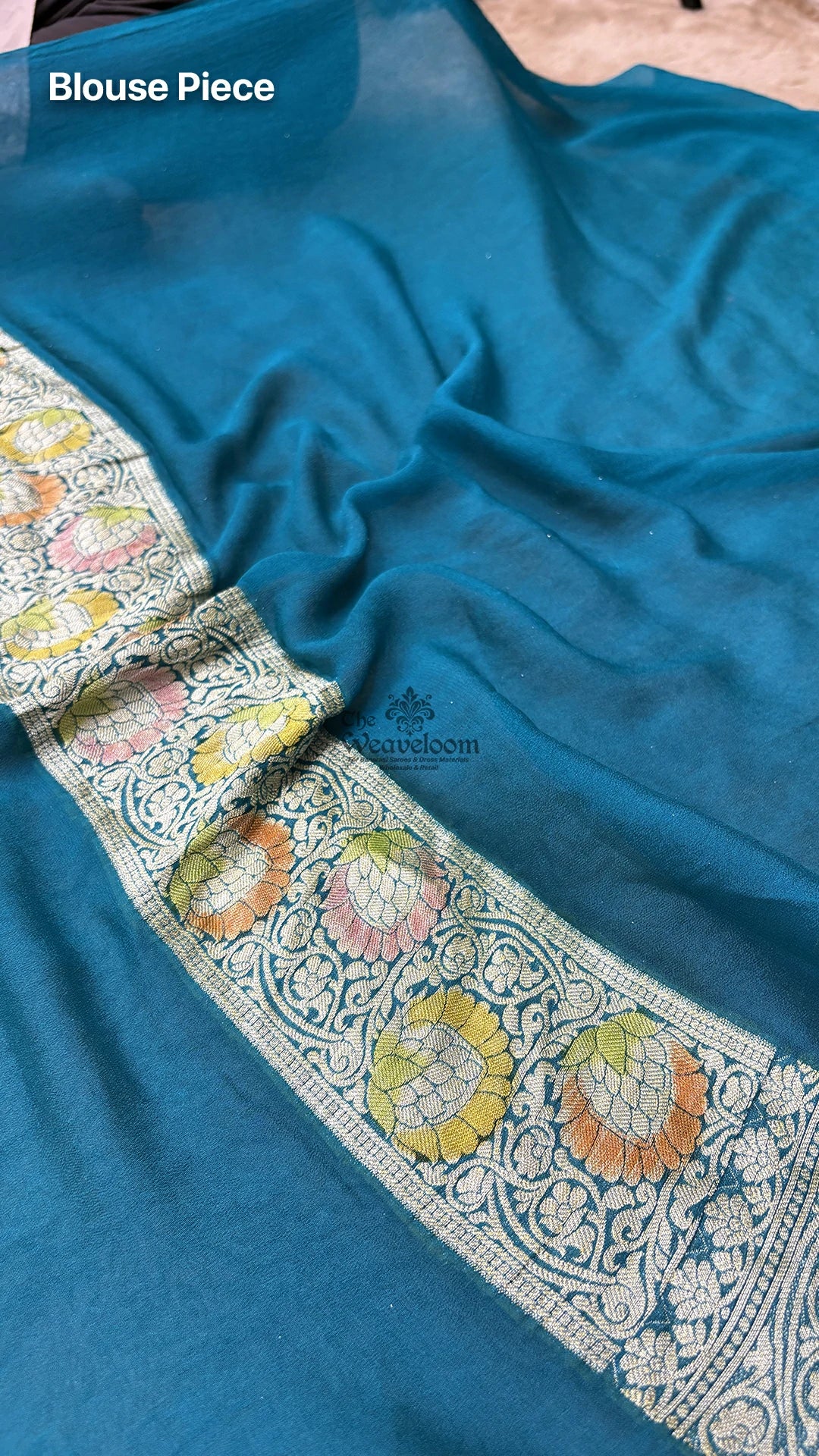 Peacock Blue Booti Work Pure Crepe Georgette Banarasi Saree by The Weaveloom