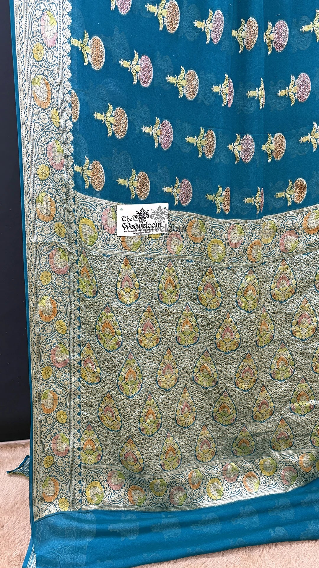 Peacock Blue Booti Work Pure Crepe Georgette Banarasi Saree by The Weaveloom
