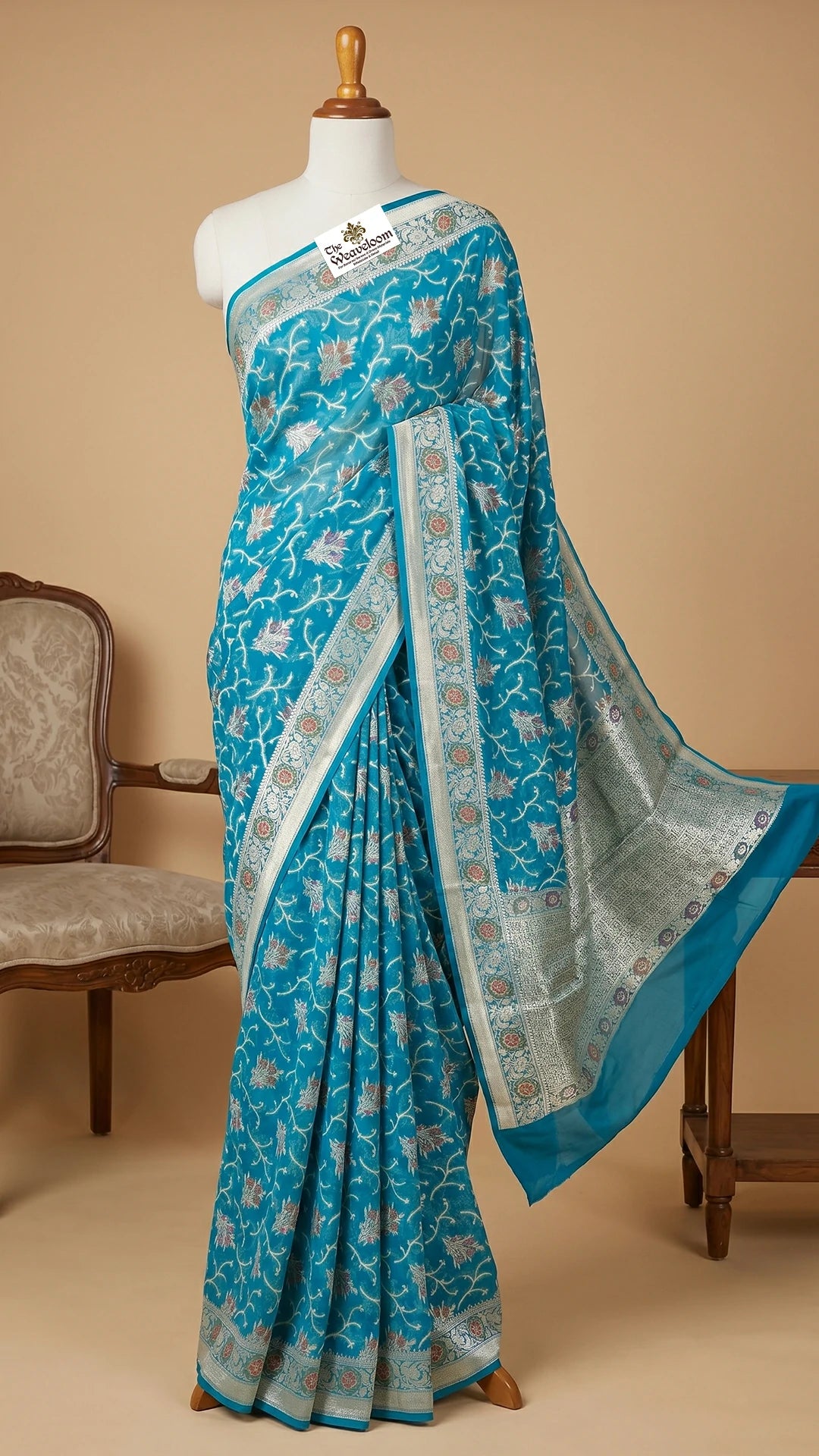Peacock Blue Khaddi Chiffon Pure Banarasi Saree with All-Over Meenakari Jaal Floral Motifs and Zari Border by The Weaveloom