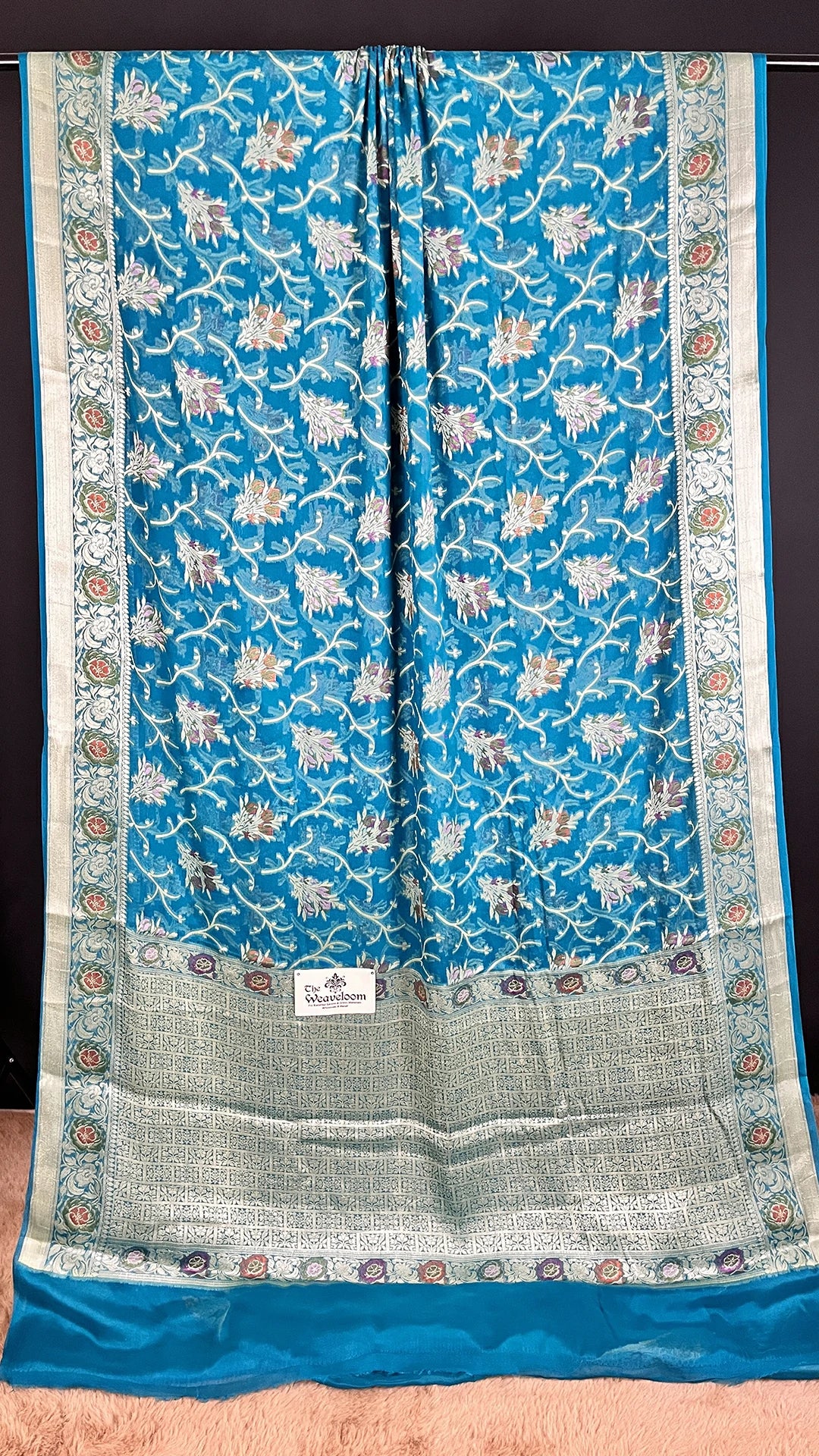 Peacock Blue Khaddi Chiffon Pure Banarasi Saree with All-Over Meenakari Jaal Floral Motifs and Zari Border by The Weaveloom