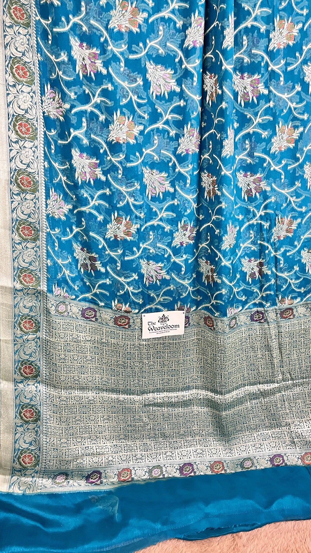 Peacock Blue Khaddi Chiffon Pure Banarasi Saree with All-Over Meenakari Jaal Floral Motifs and Zari Border by The Weaveloom