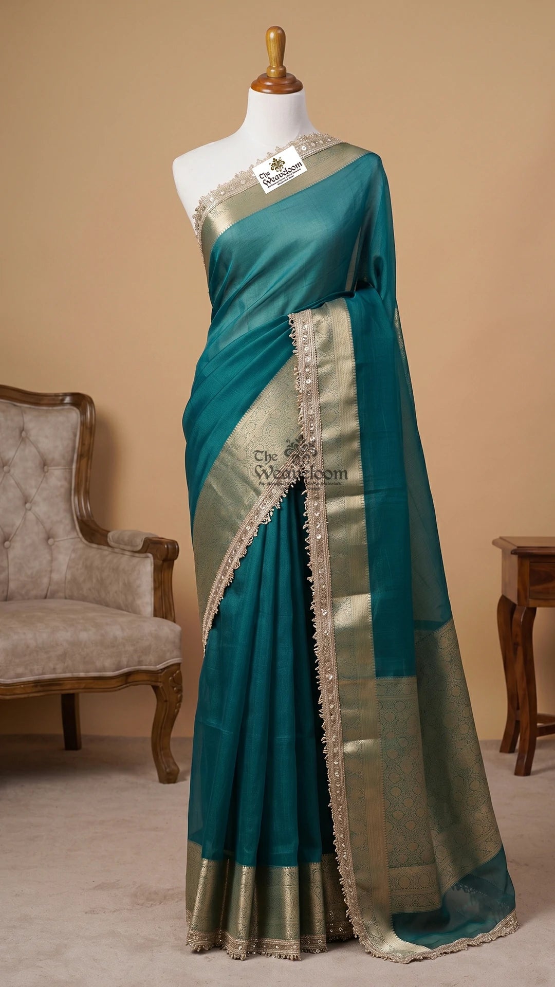 Peacock green ombre tissue silk Pure Banarasi saree with sequinned lace border by The Weaveloom