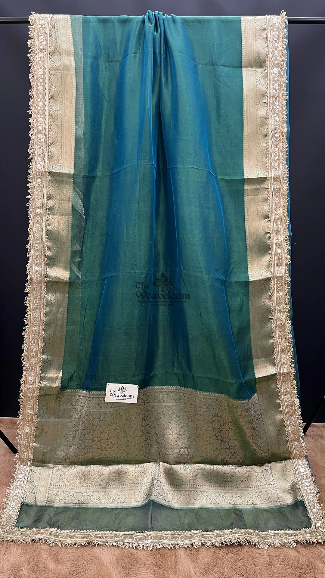 Peacock green ombre tissue silk Pure Banarasi saree with sequinned lace border by The Weaveloom