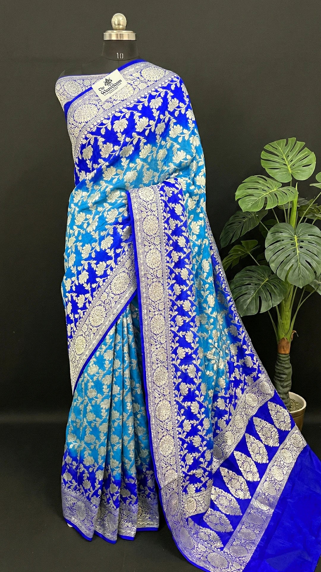 Peacock & Royal Blue Dual Tone Floral Jaal Crepe Georgette Pure Banarasi Saree by The Weaveloom