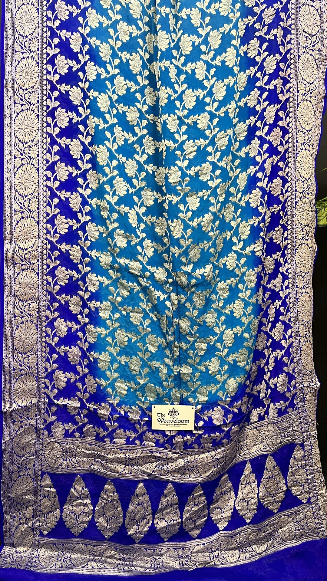 Peacock & Royal Blue Dual Tone Floral Jaal Crepe Georgette Pure Banarasi Saree by The Weaveloom
