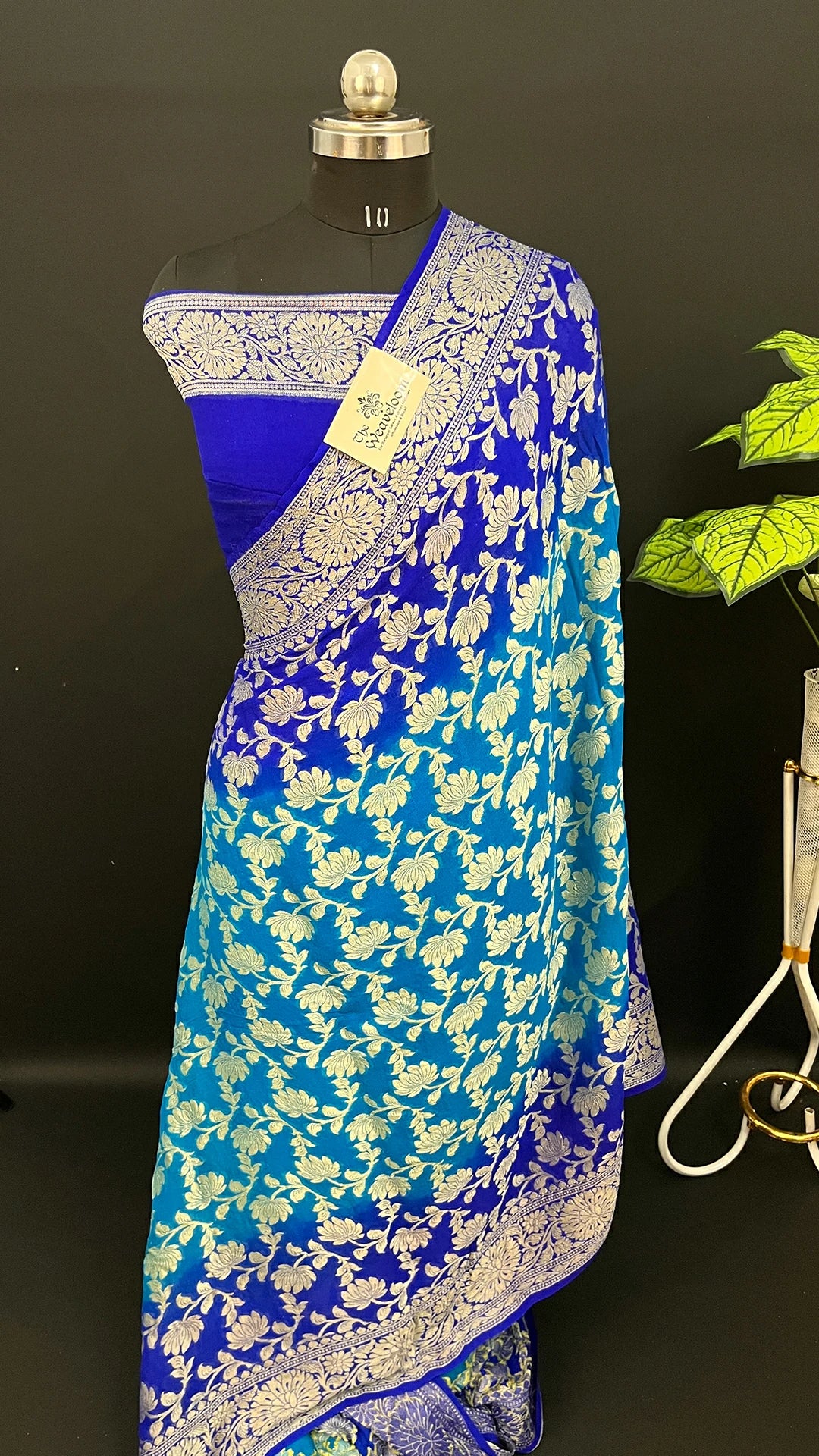 Peacock & Royal Blue Dual Tone Floral Jaal Crepe Georgette Pure Banarasi Saree by The Weaveloom