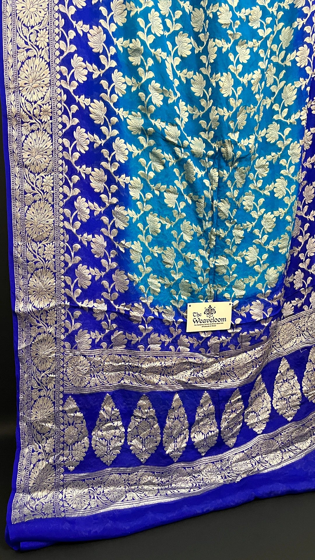 Peacock & Royal Blue Dual Tone Floral Jaal Crepe Georgette Pure Banarasi Saree by The Weaveloom