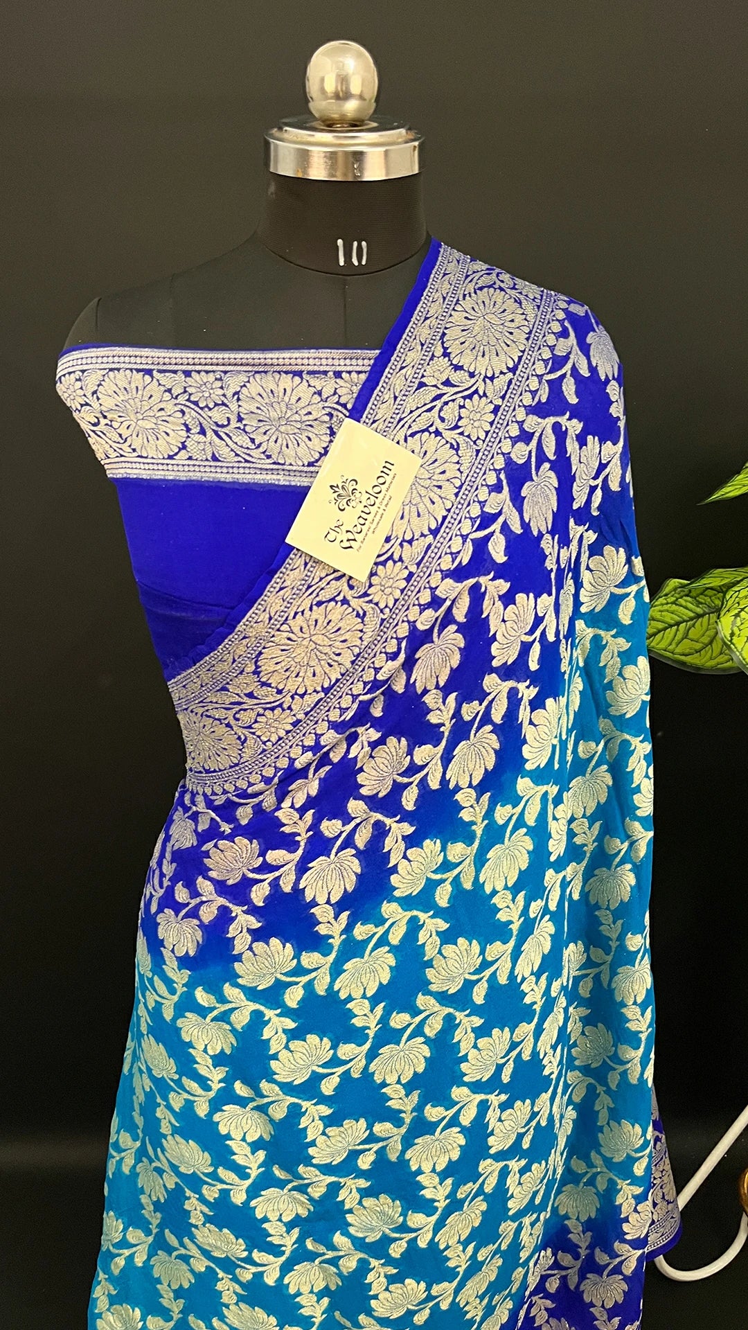 Peacock & Royal Blue Dual Tone Floral Jaal Crepe Georgette Pure Banarasi Saree by The Weaveloom