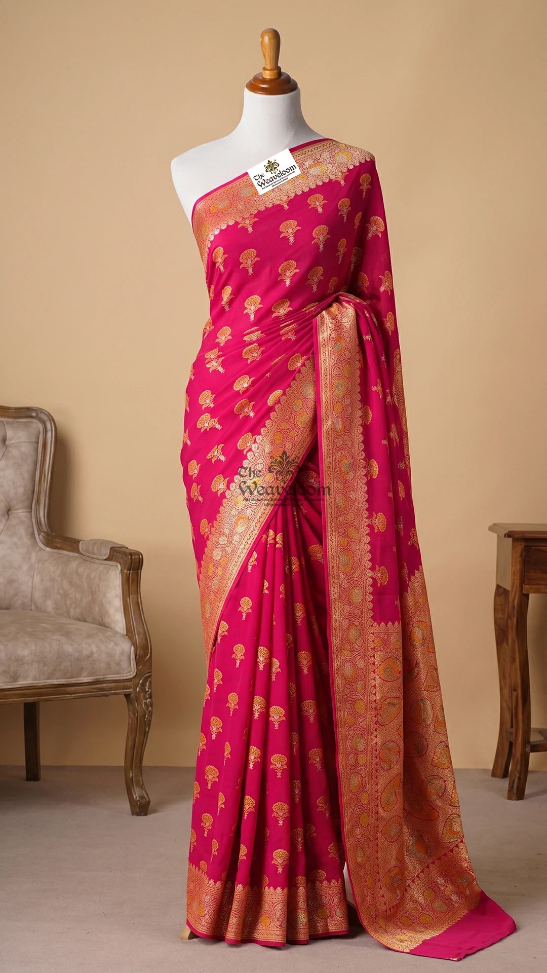 Pink crepe georgette Banarasi saree with zari booti motifs by The Weaveloom