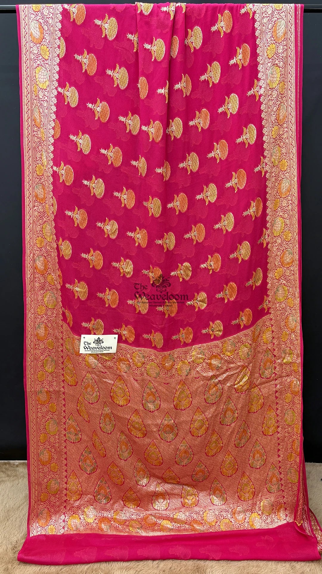 Pink crepe georgette Banarasi saree with zari booti motifs by The Weaveloom