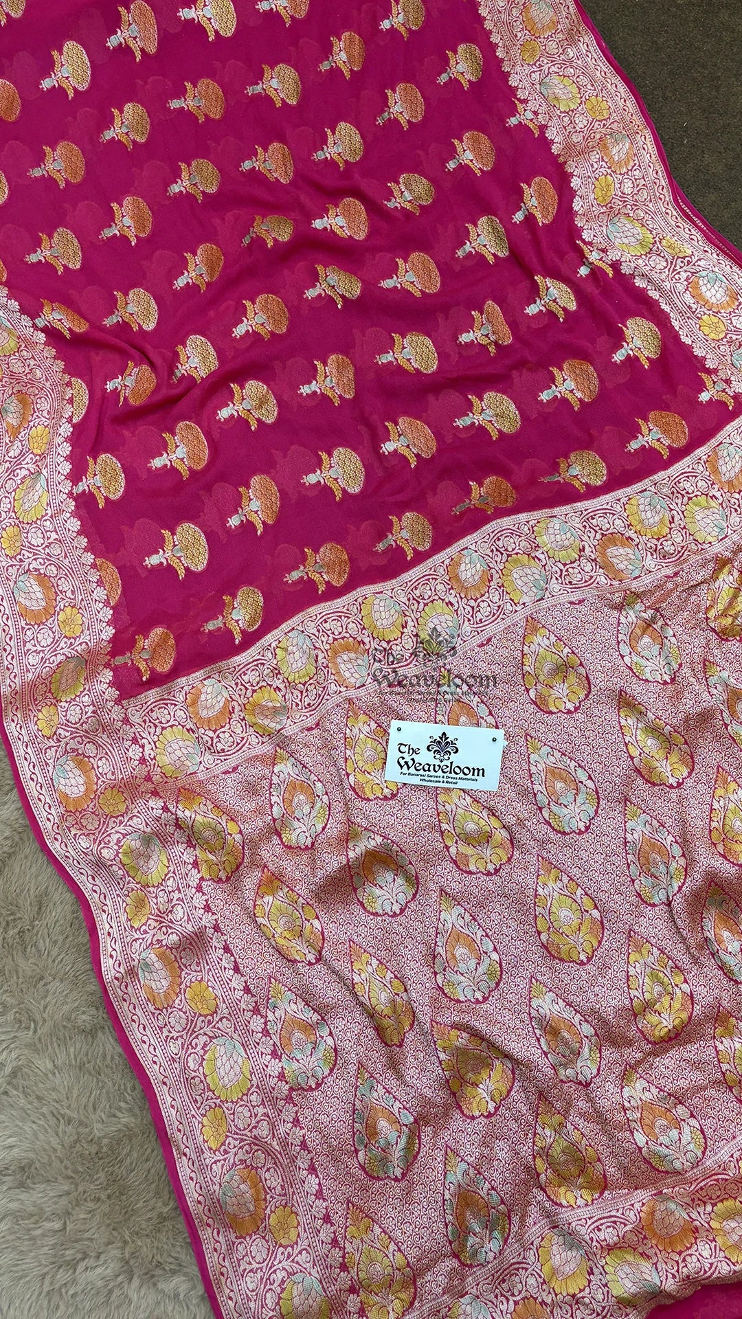 Pink crepe georgette Banarasi saree with zari booti motifs by The Weaveloom