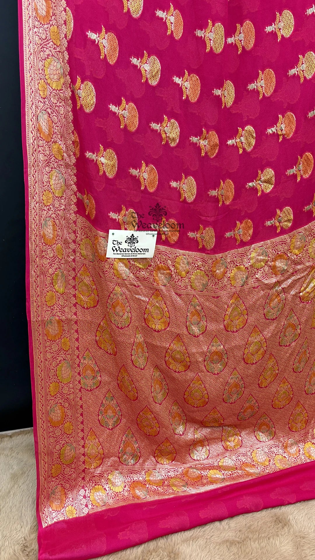 Pink crepe georgette Banarasi saree with zari booti motifs by The Weaveloom