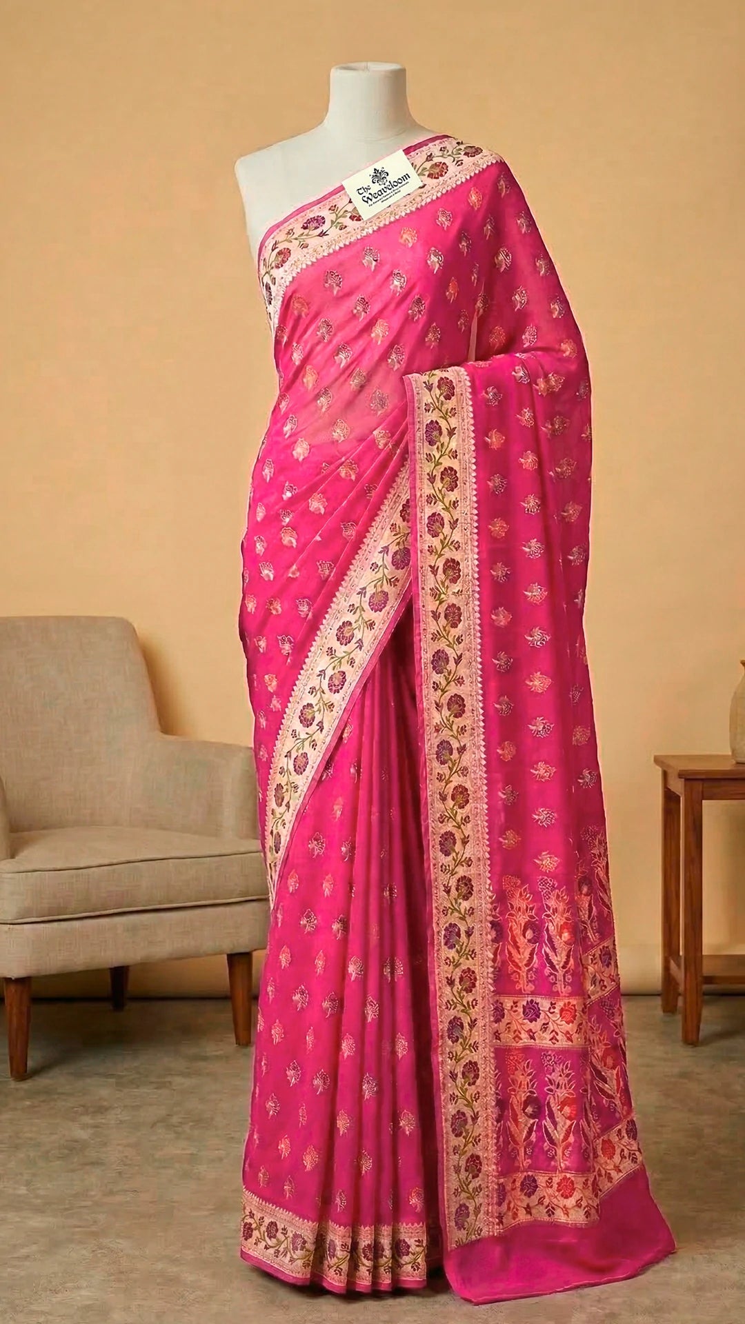 Pink Floral Meenakari Work Crepe Georgette Pure Banarasi Saree with Golden Zari Border The Weaveloom