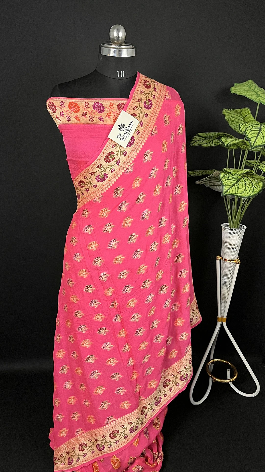 Pink Floral Meenakari Work Crepe Georgette Pure Banarasi Saree with Golden Zari Border The Weaveloom